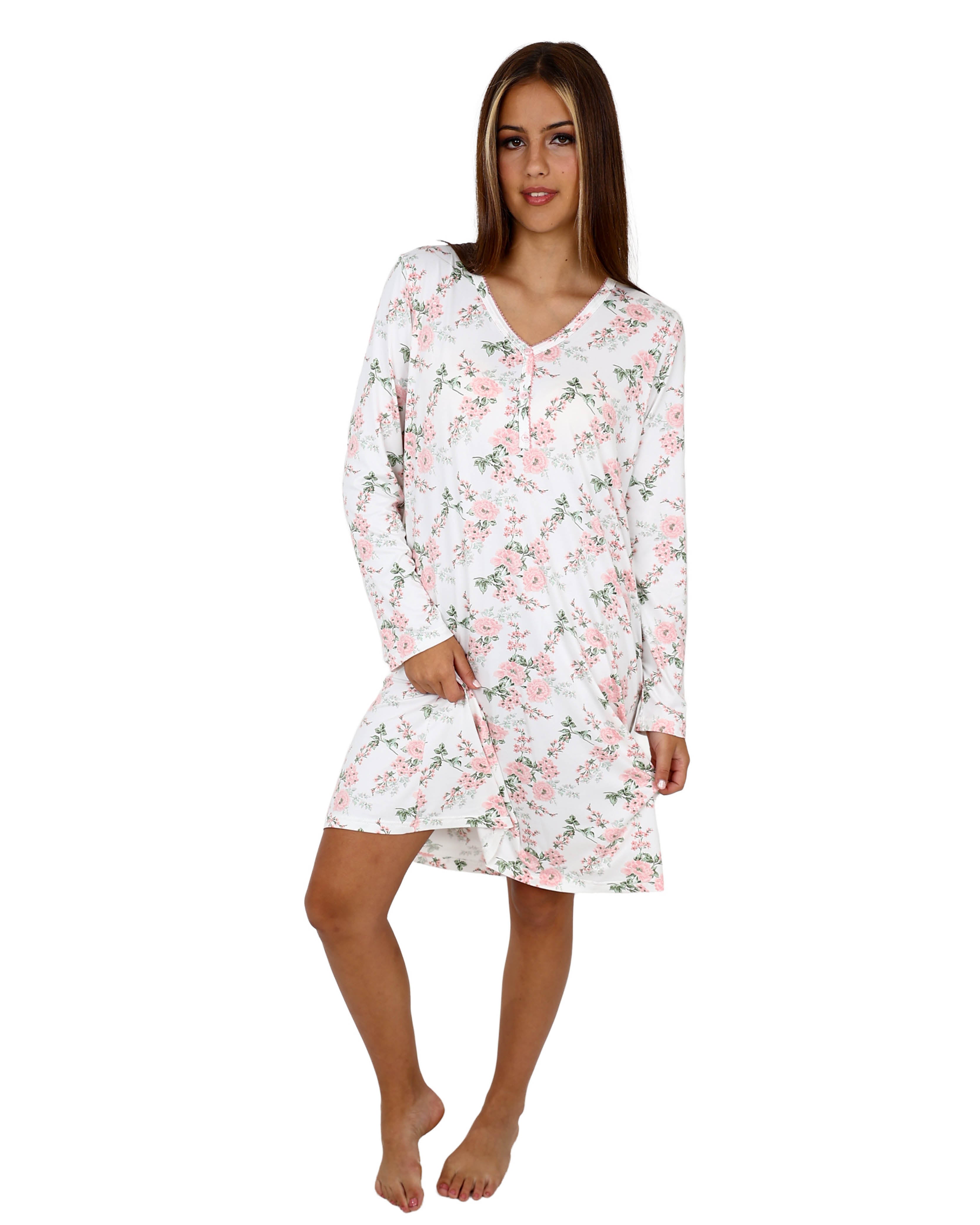 Long Sleeve Peach Floral Henley Nightie