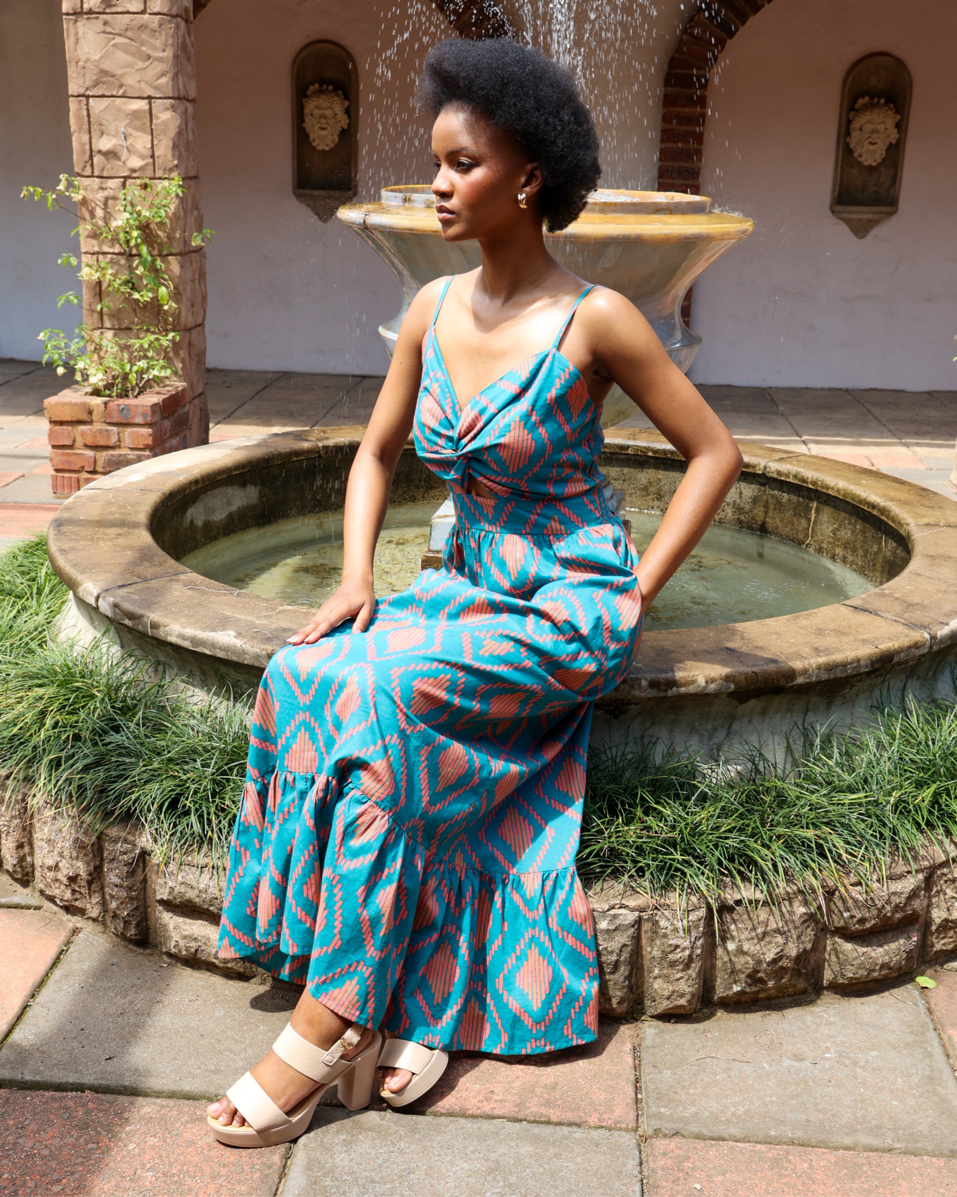 Strappy Cotton Tile Print Dress