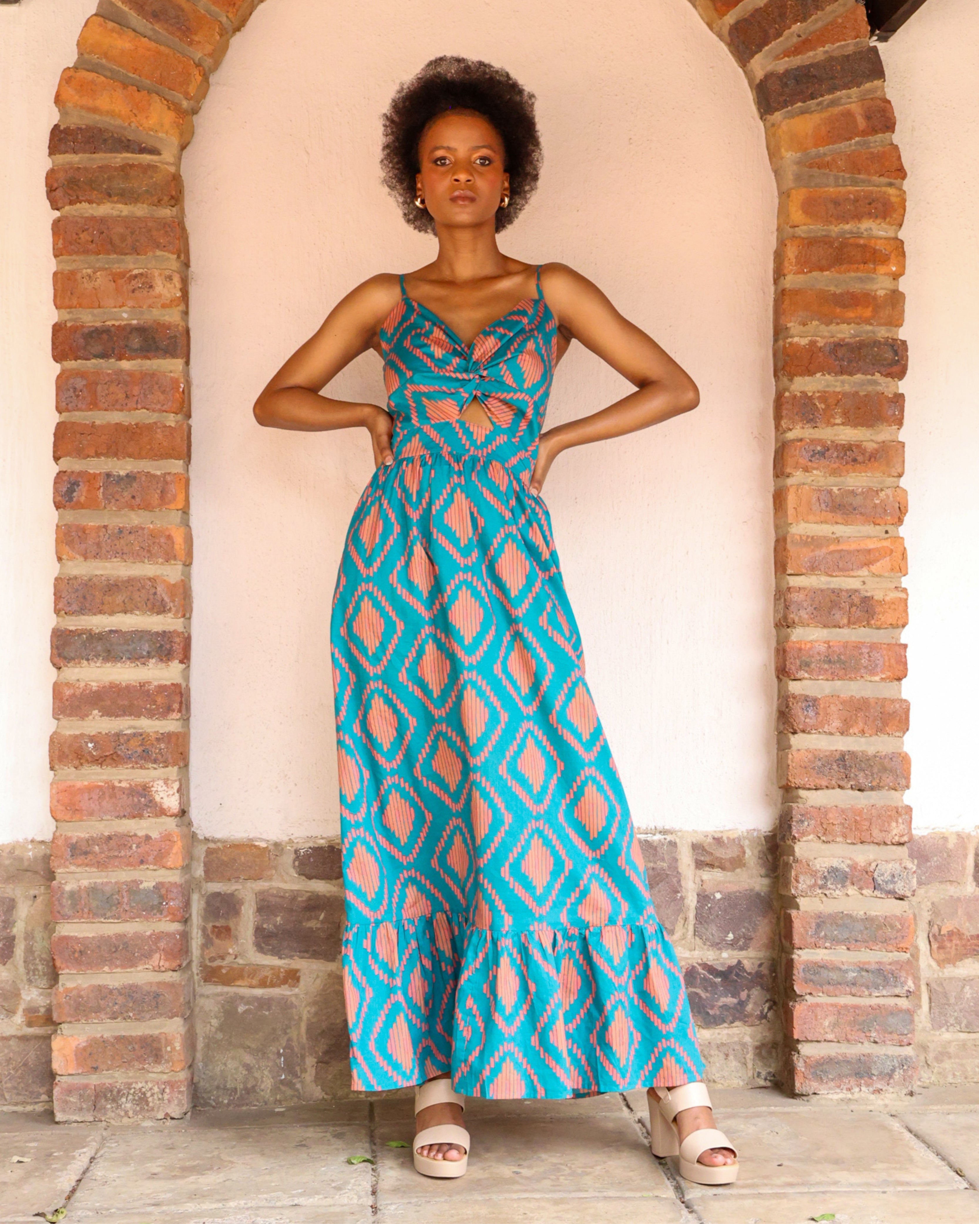 Strappy Cotton Tile Print Dress