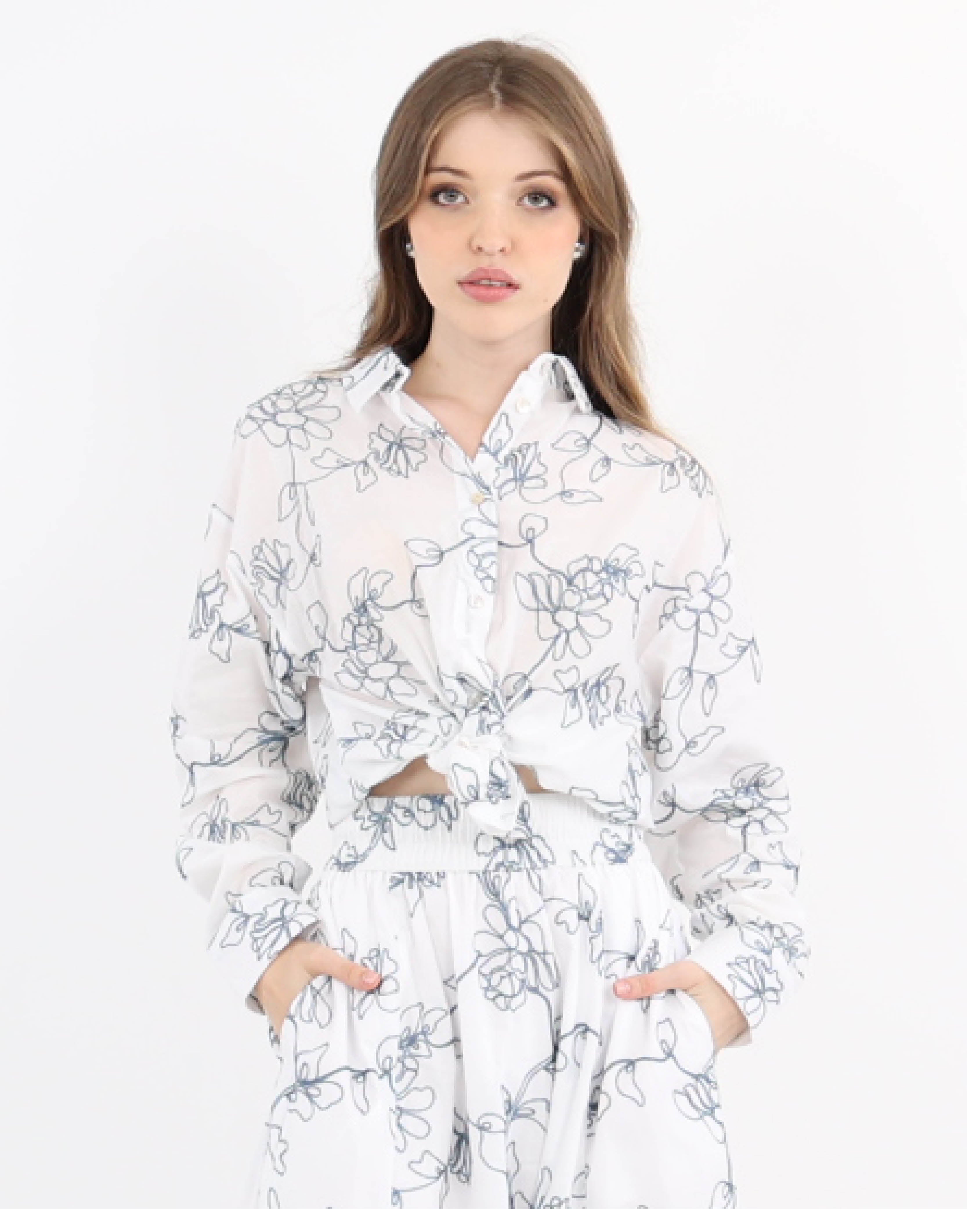 Blue Azure Bloom Fully Embroidered Blouse in Pure Cotton