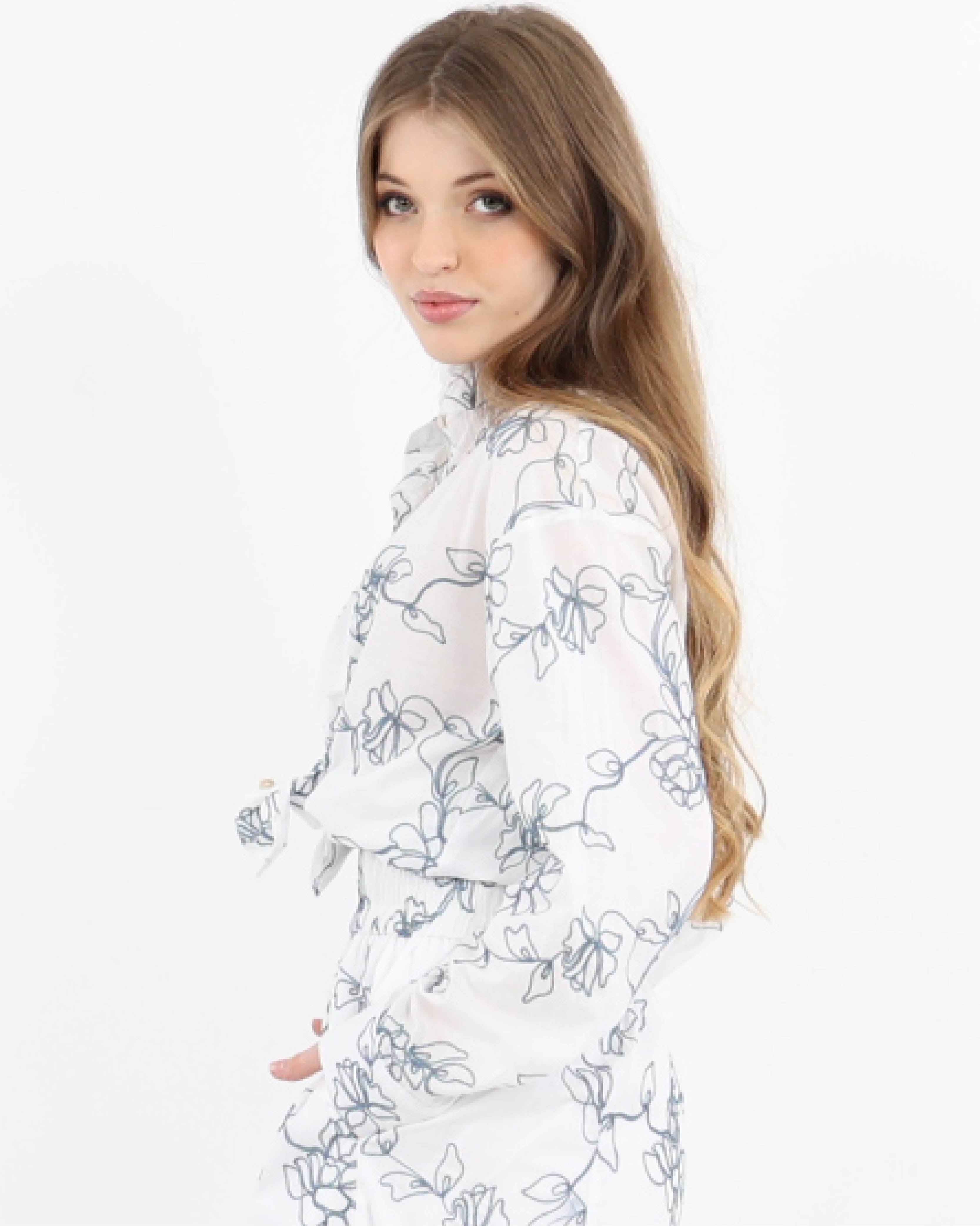 Blue Azure Bloom Fully Embroidered Blouse in Pure Cotton