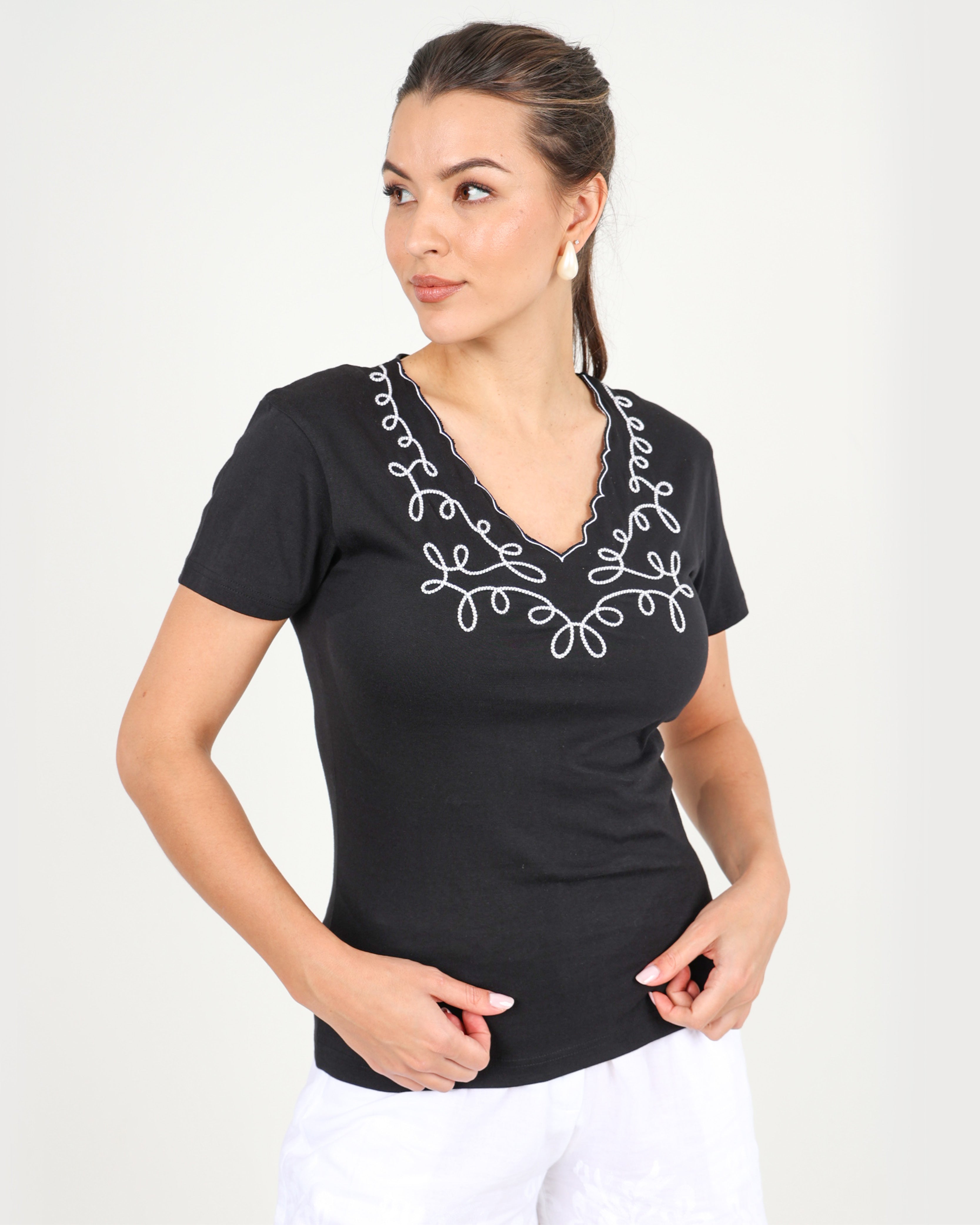 Black Short Sleeve Petal Embroidered Top