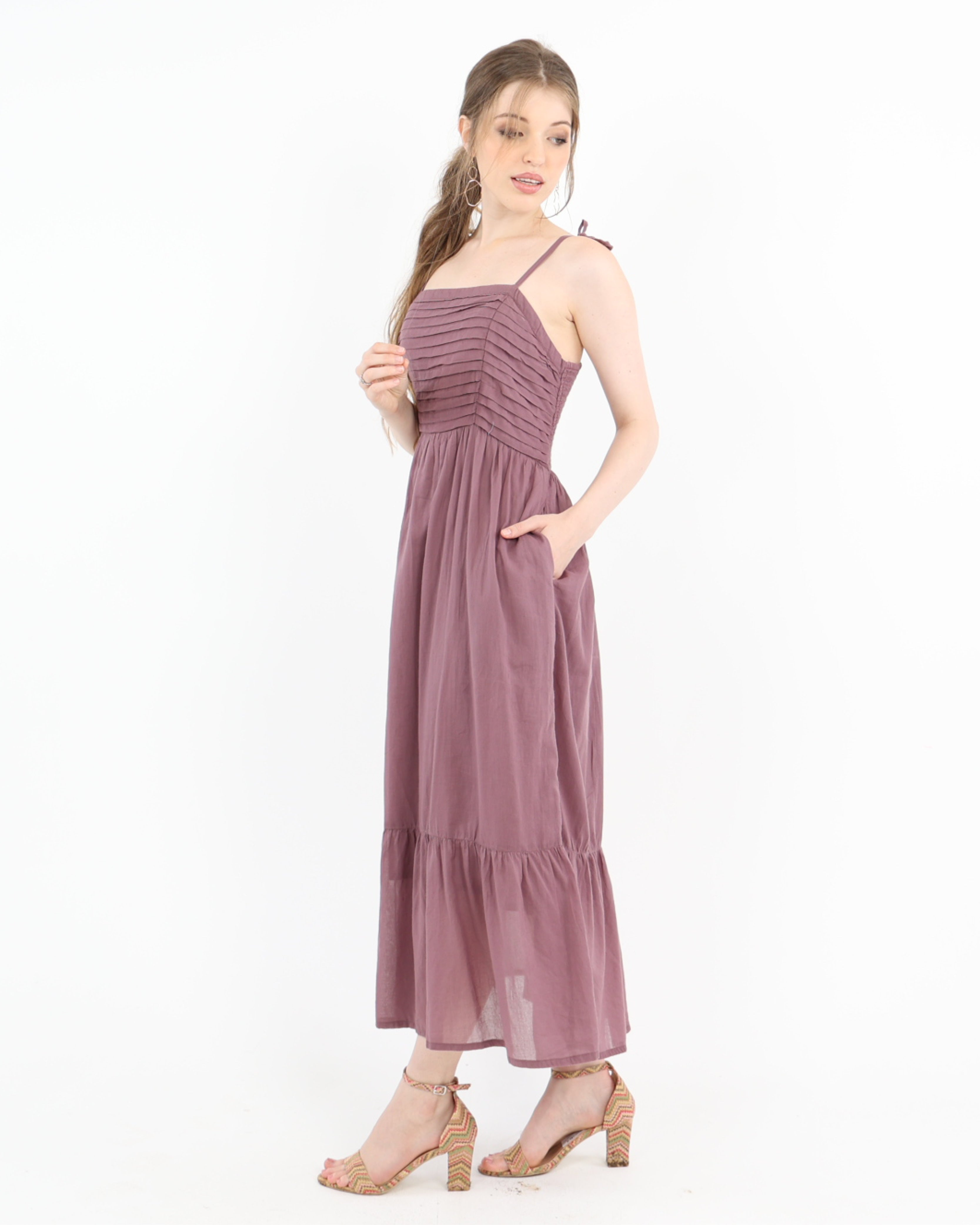 Strappy Mauve Reverie Pleated Bodice Cotton Maxi Dress
