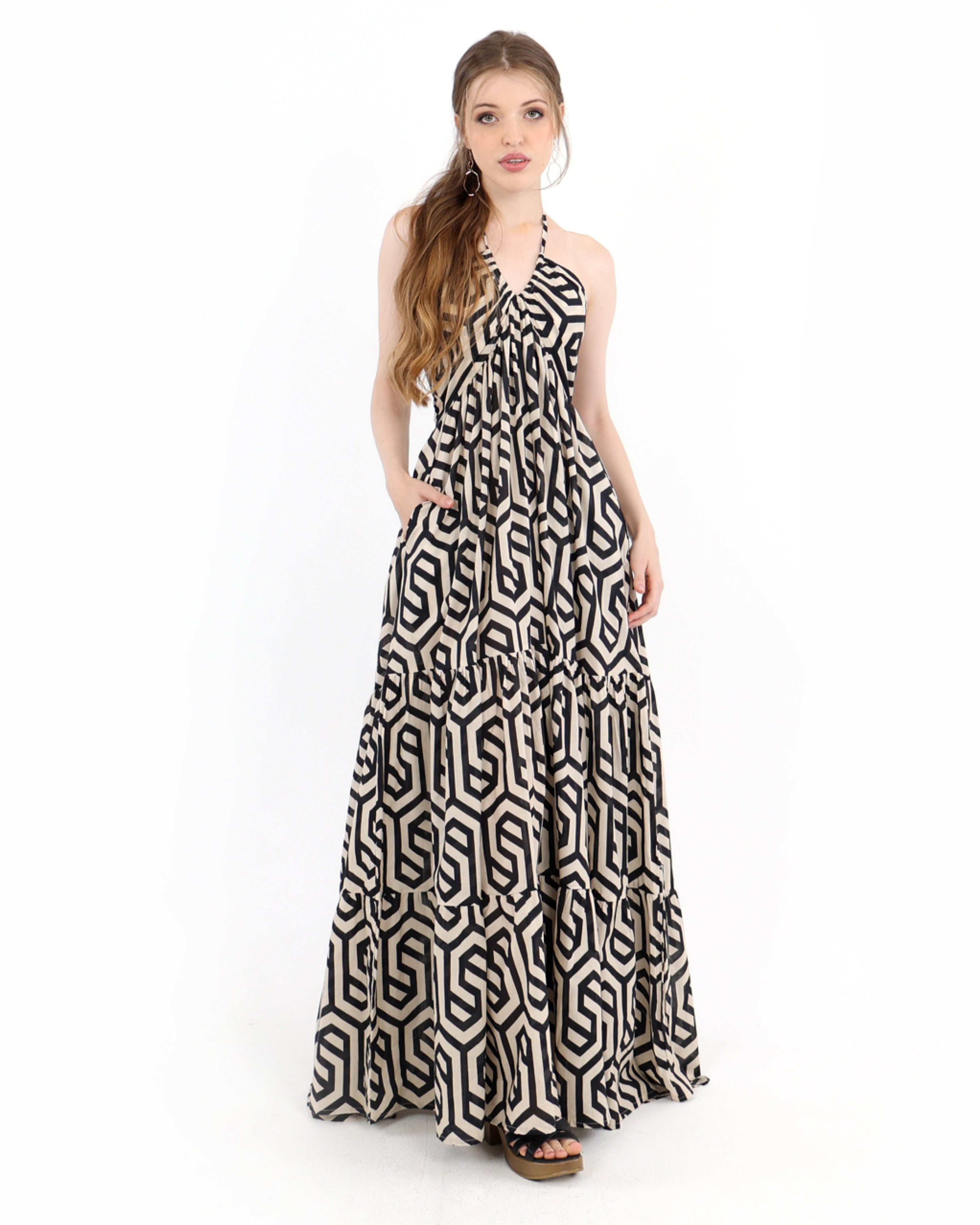 Elena Cotton Geometric Tiered Maxi Dress