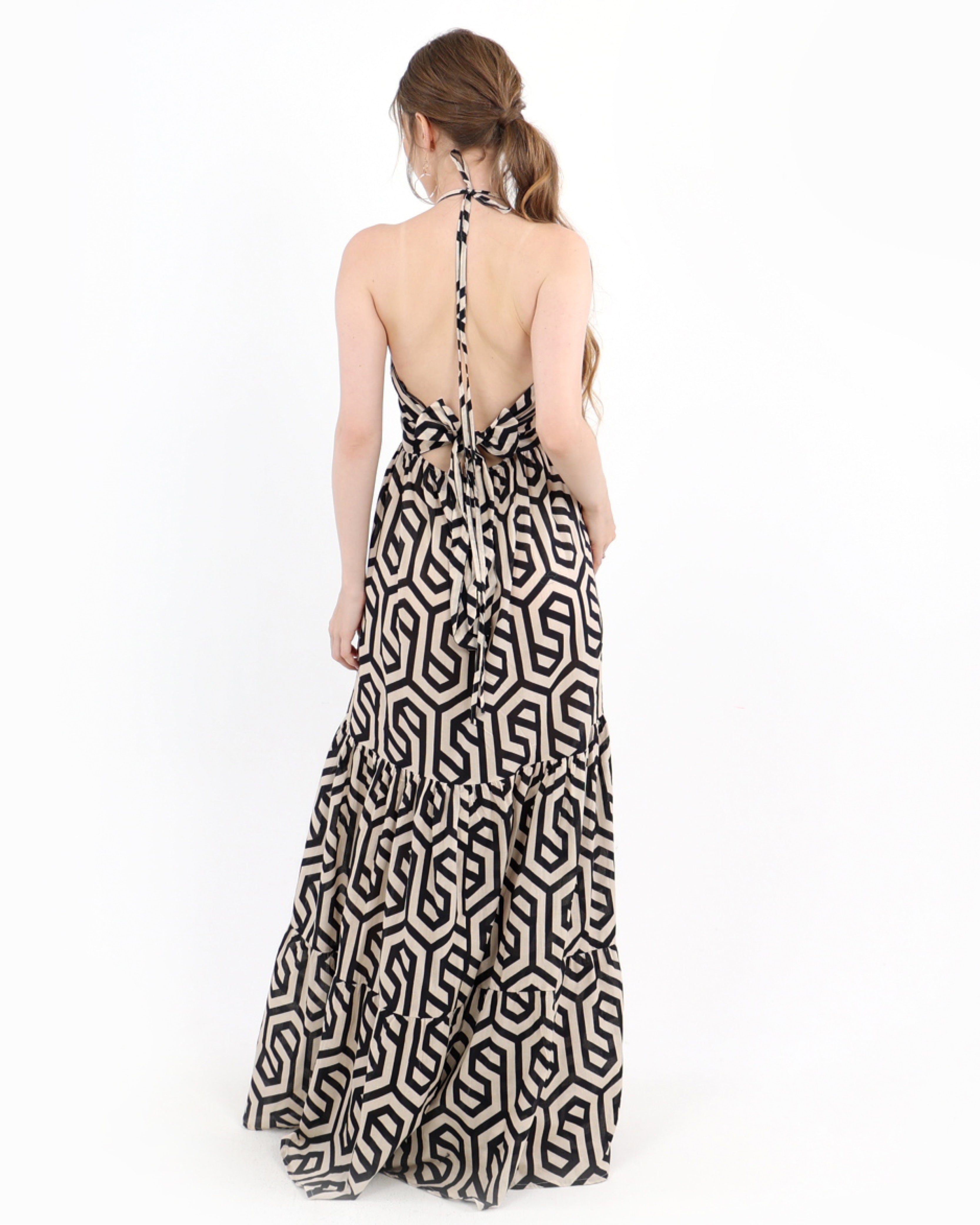 Elena Cotton Geometric Tiered Maxi Dress