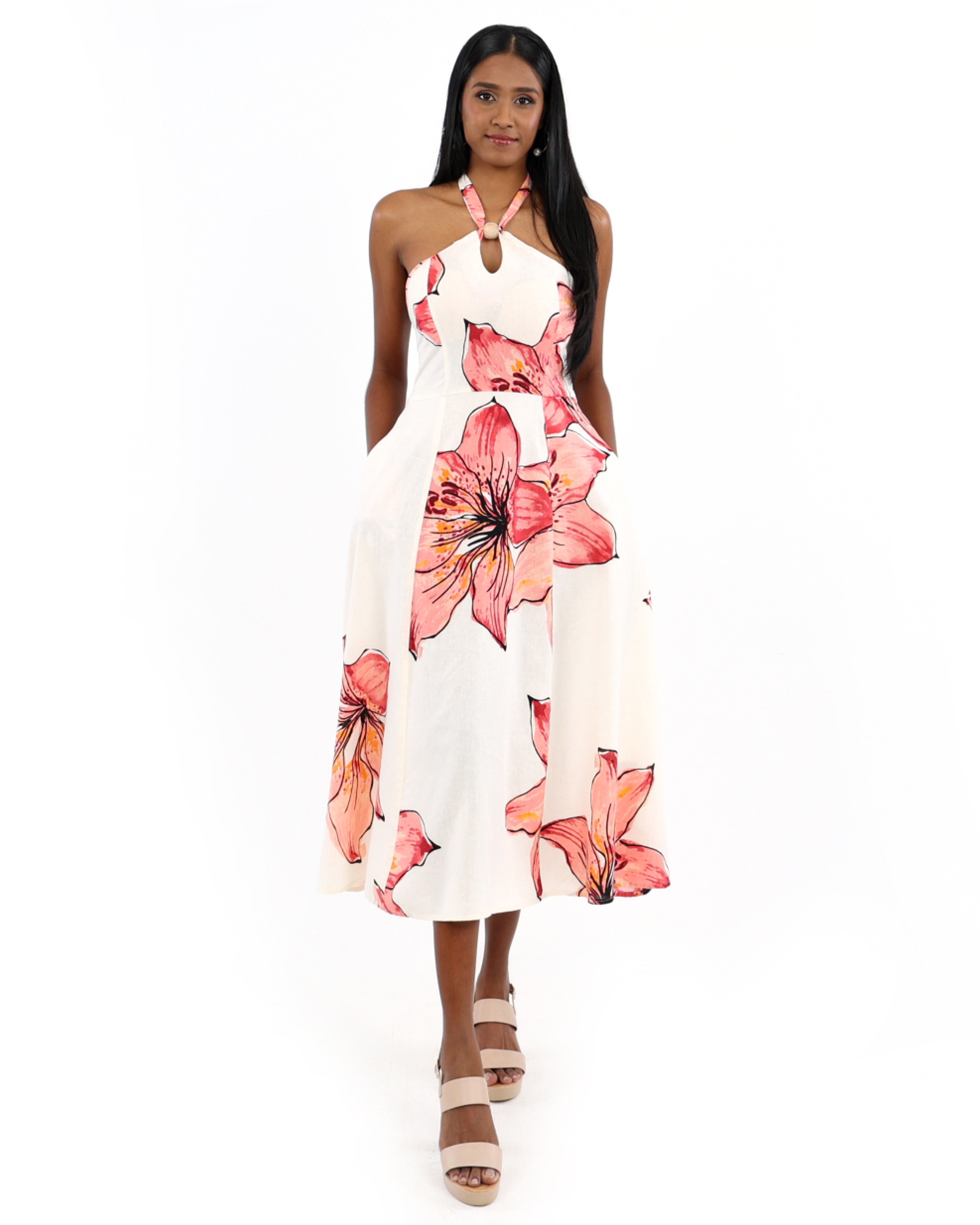 Amira Floral Cotton Halterneck Midi Dress