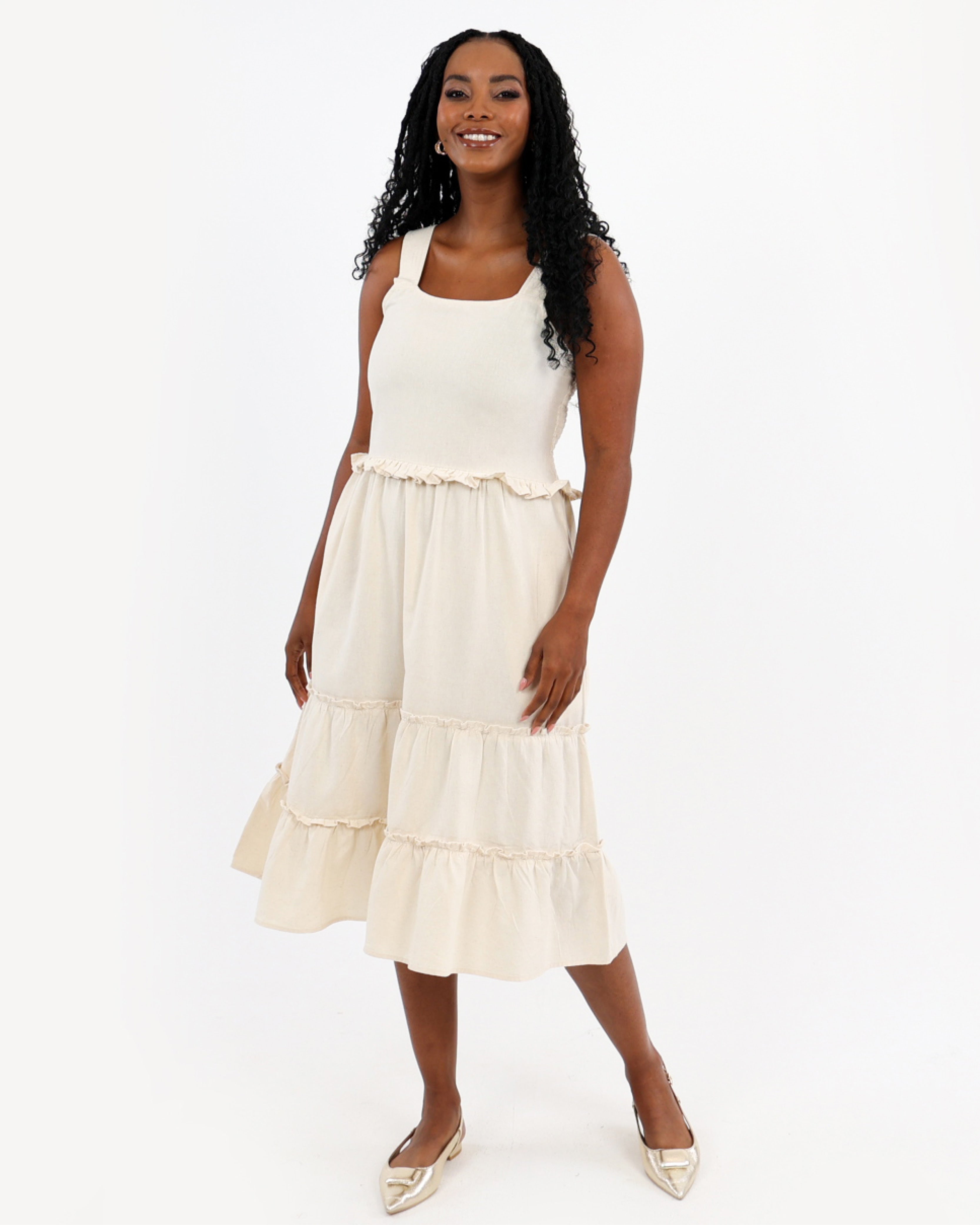 Strappy Cotton Linen Lily Tiered Midi Dress