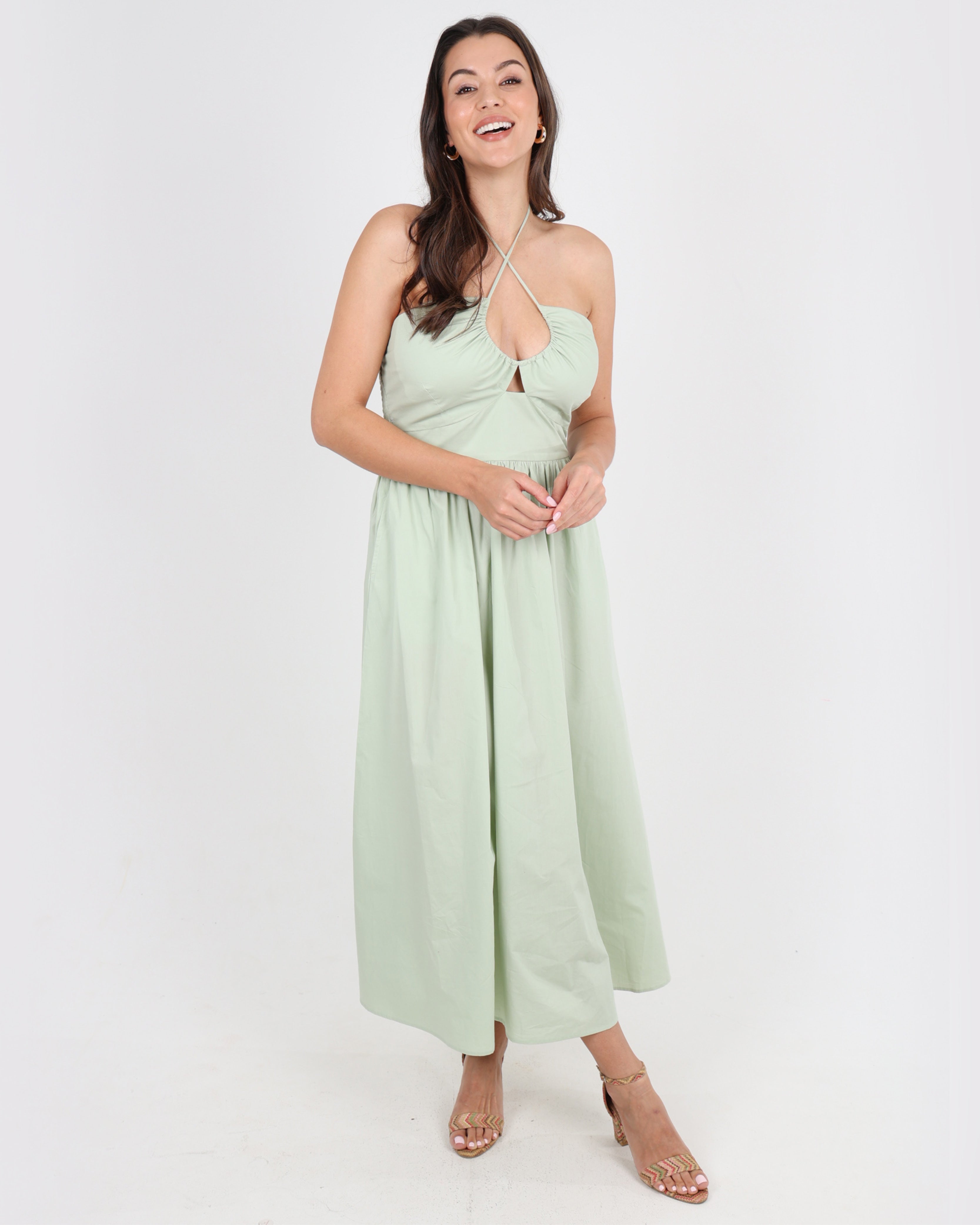 Livia Cotton Criss-Cross Maxi Dress in Sage
