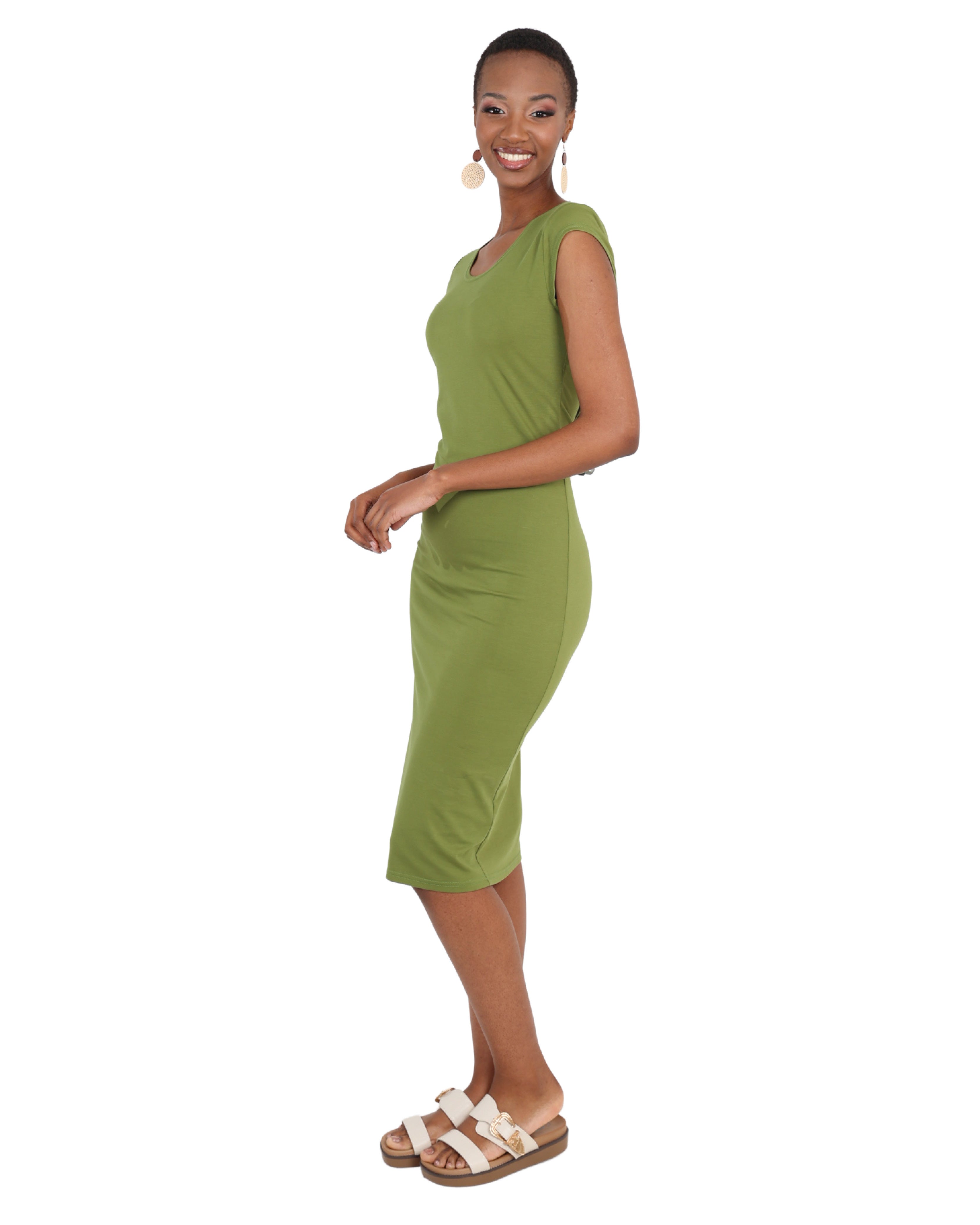 Green Cap Sleeve Midi Bodycon Dress