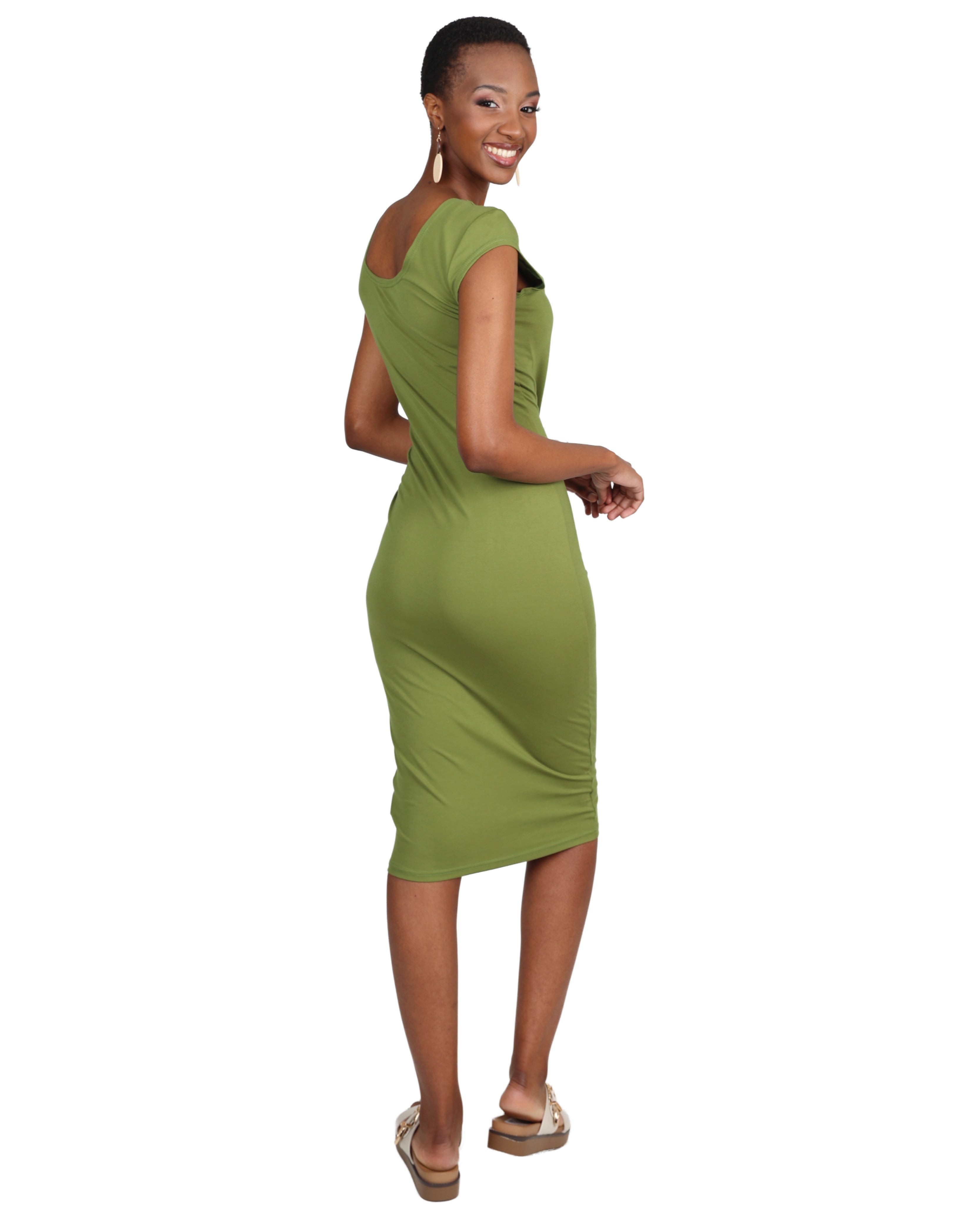 Green Cap Sleeve Midi Bodycon Dress