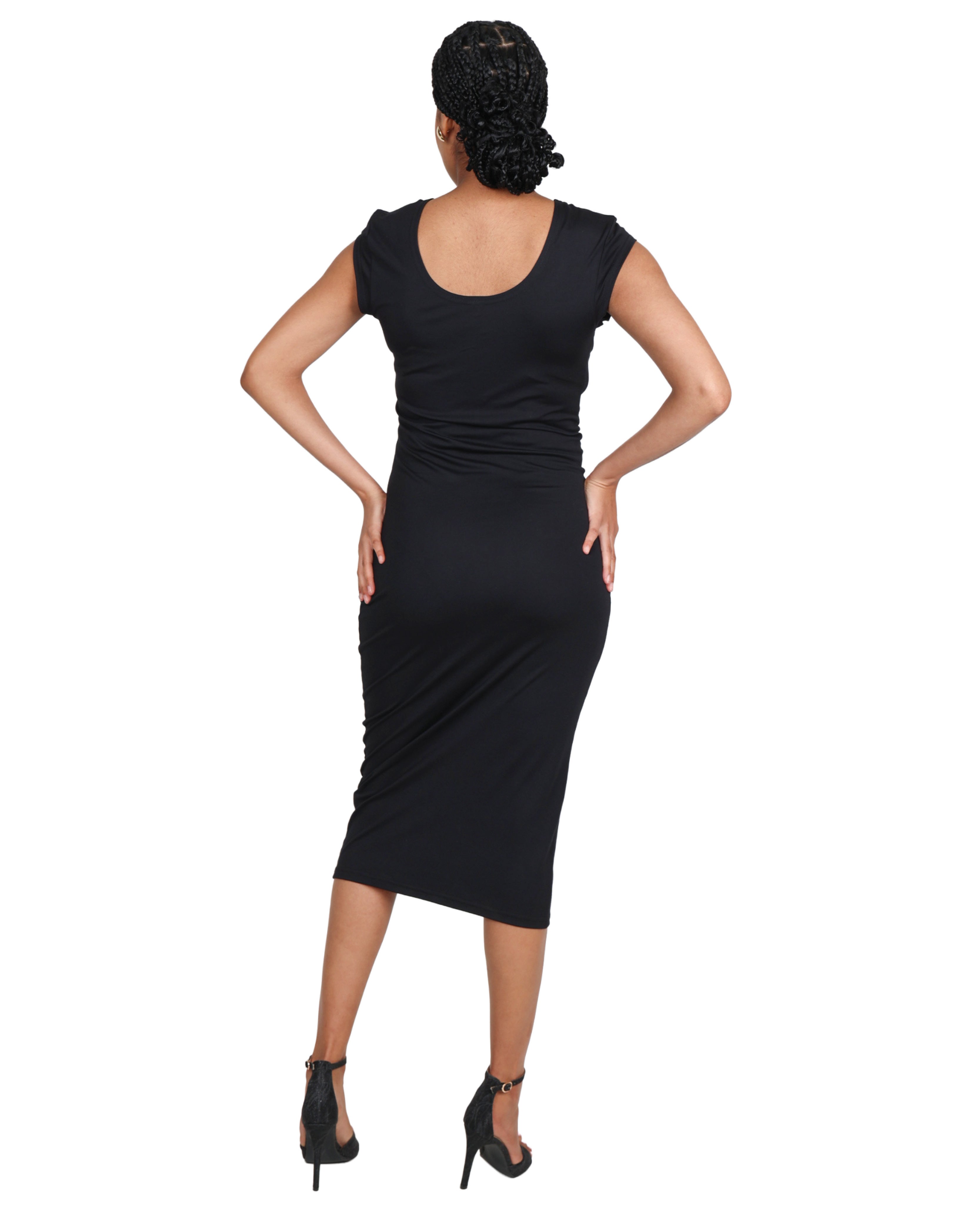 Black Cap Sleeve Midi Bodycon Dress