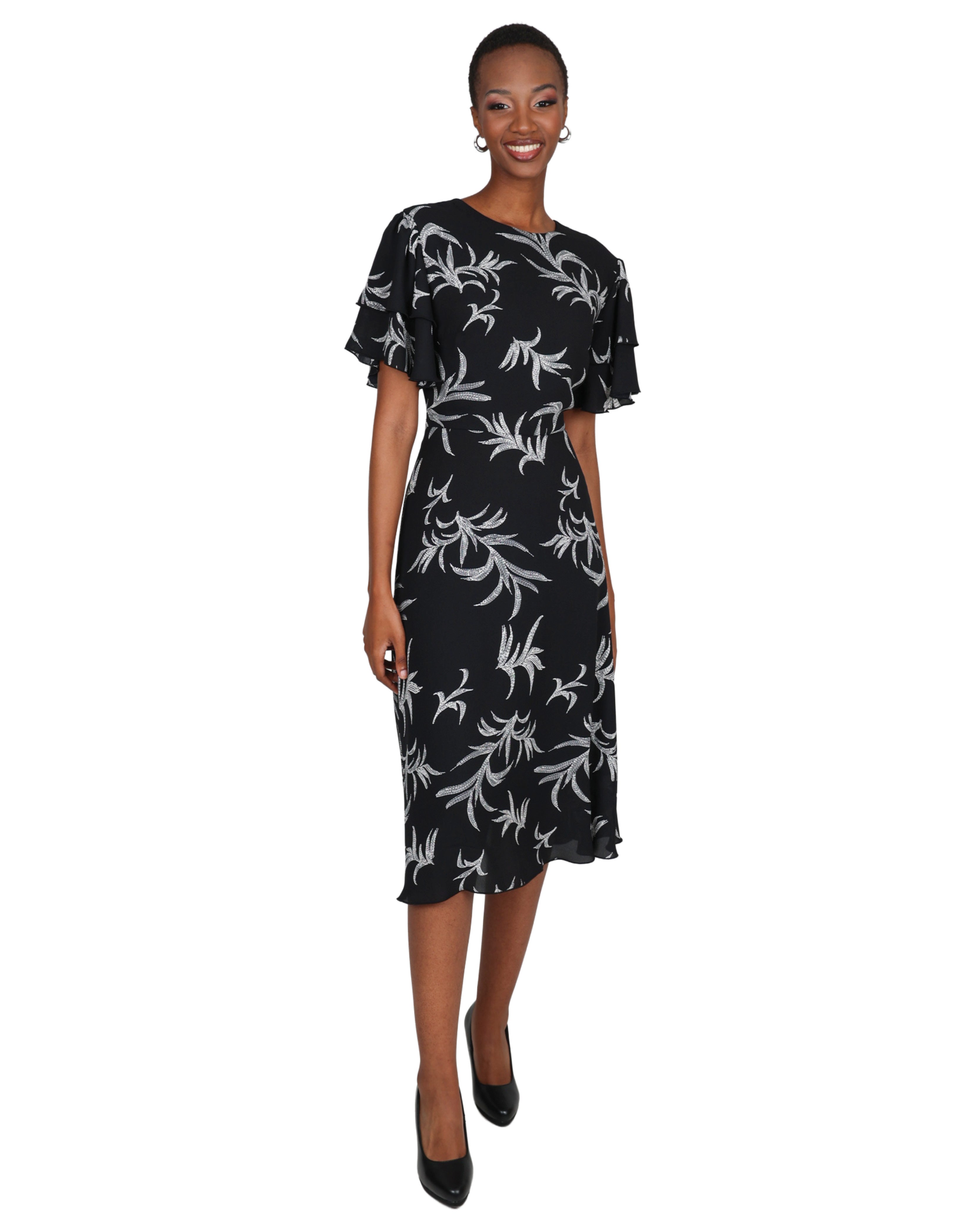 Monochrome Leaf Print Flutter Sleeve Dress