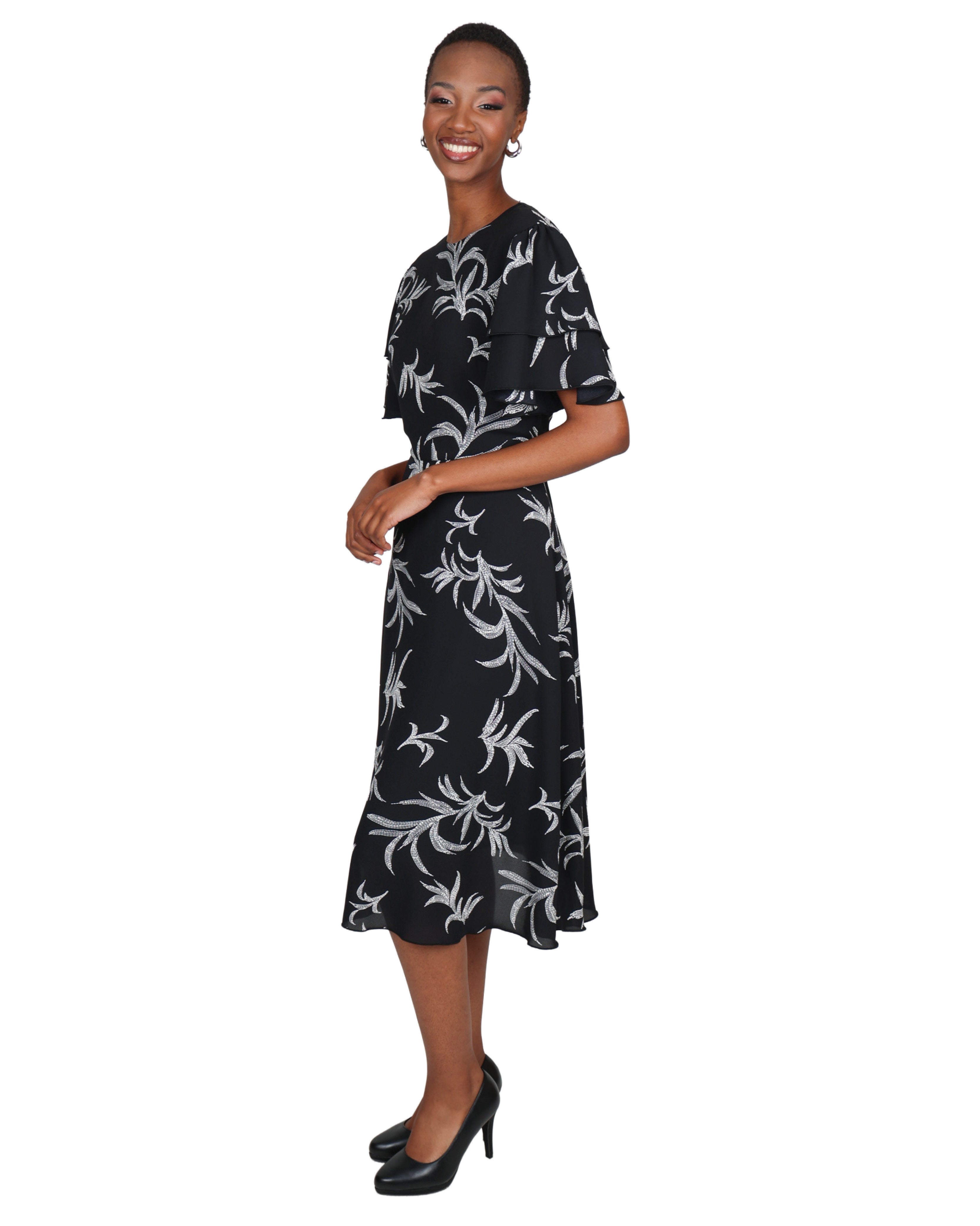 Monochrome Leaf Print Flutter Sleeve Dress