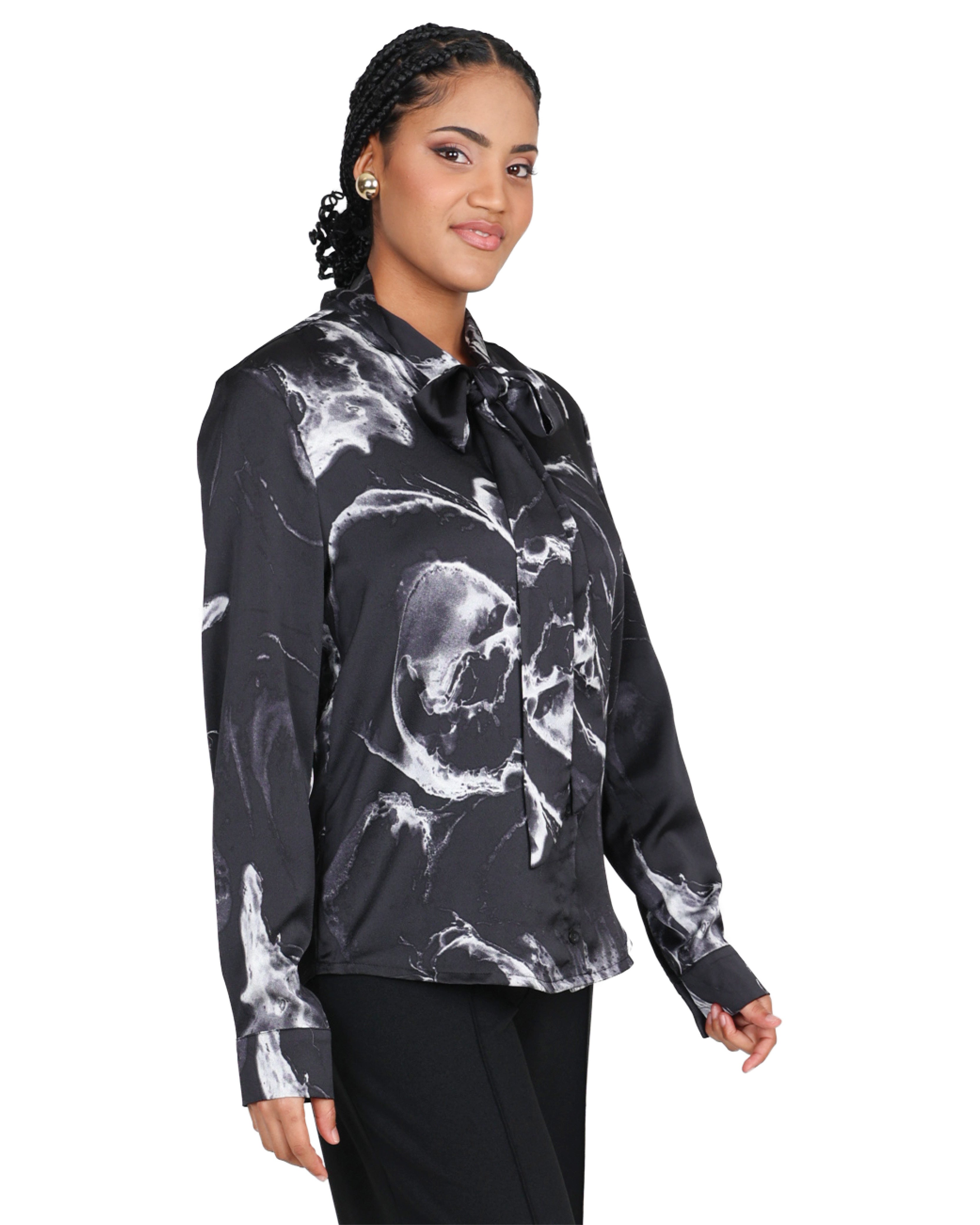 Abstract Monochrome Print Long Sleeve Kitty Bow Blouse