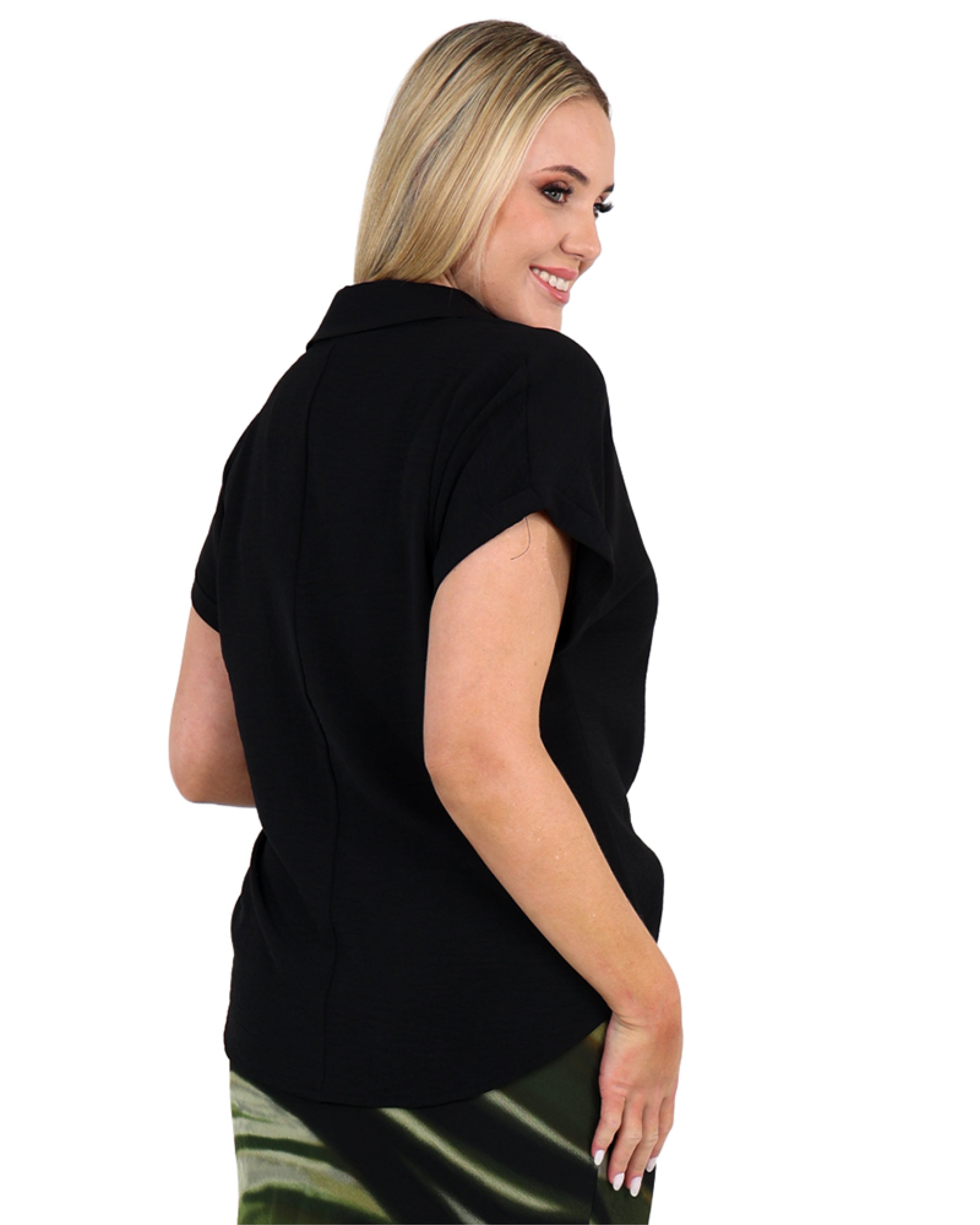 Black Collared Short Sleeve Blouse