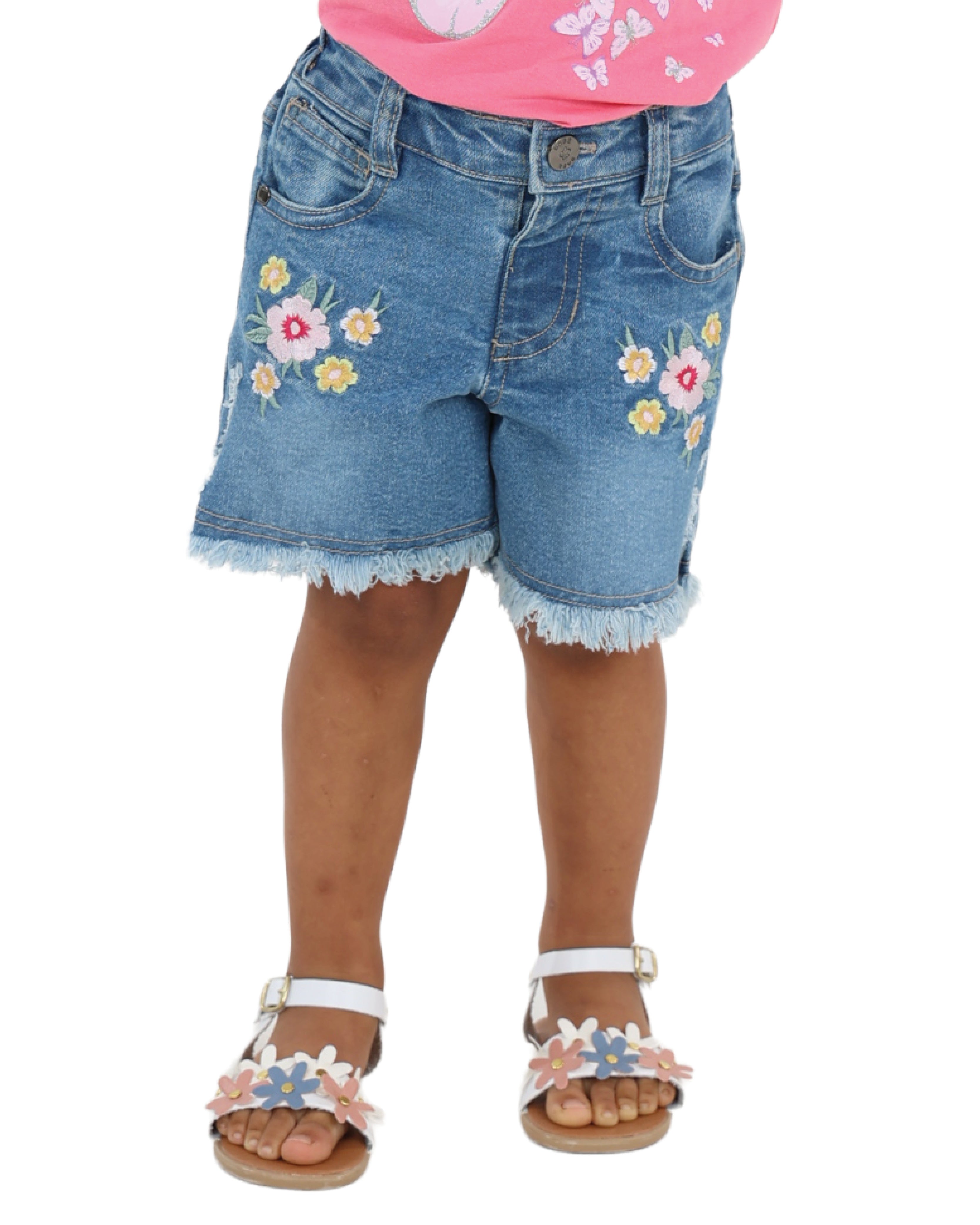 Floral Embroidered Light Indigo Denim Shorts