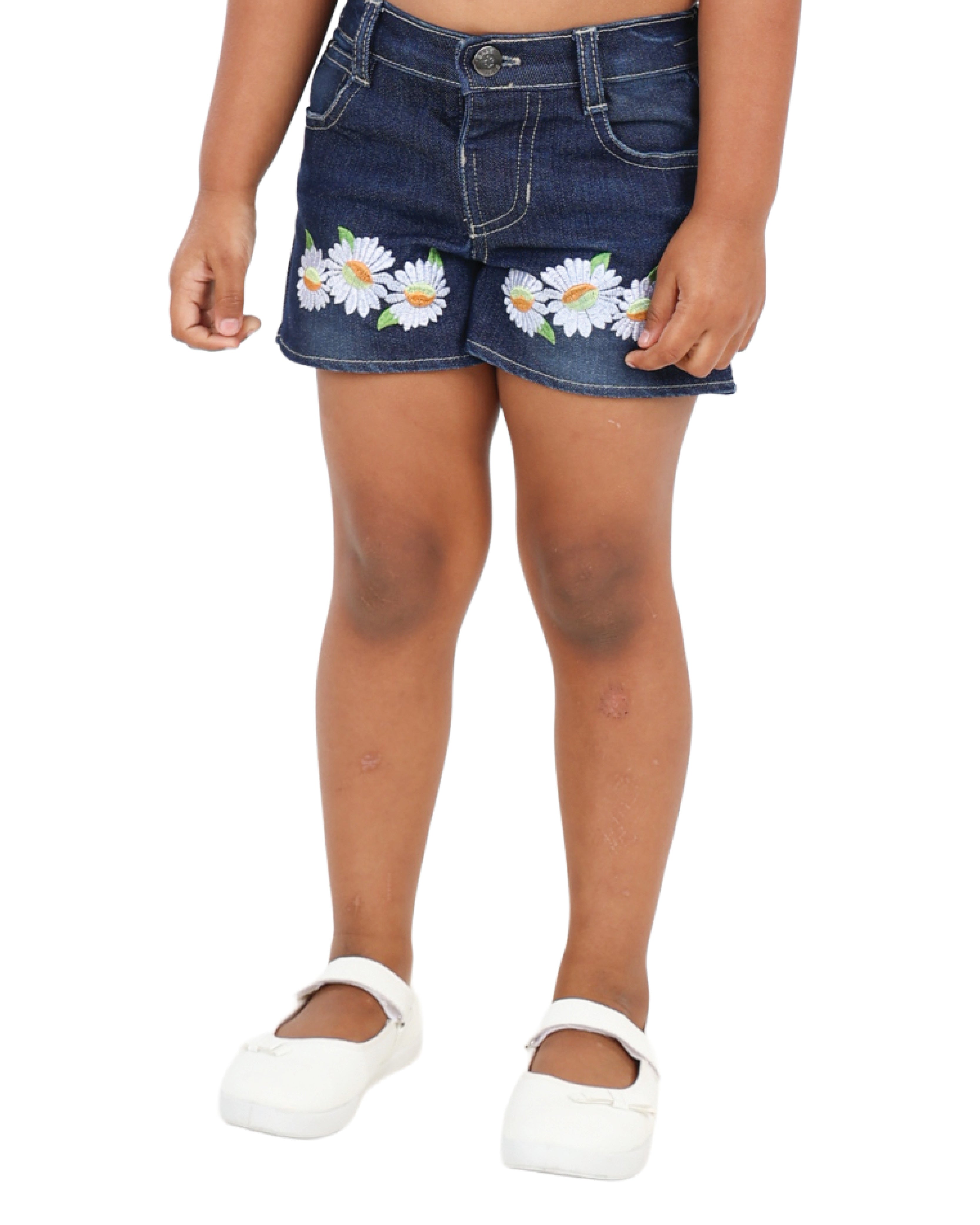 Daisy Emrbroidered Dark Indigo Denim Shorts