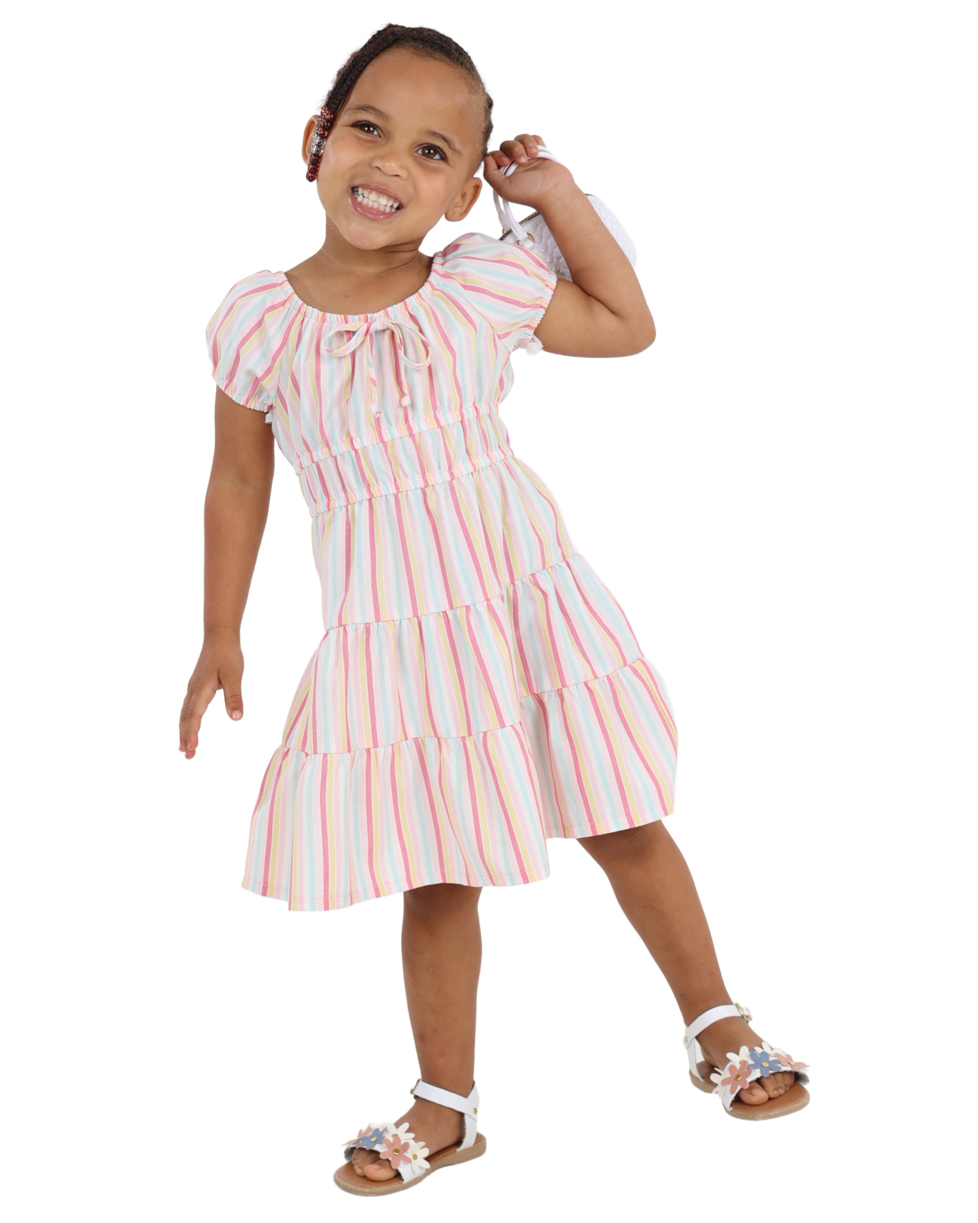Pastel Stripe Short Sleeve Tiered Dress
