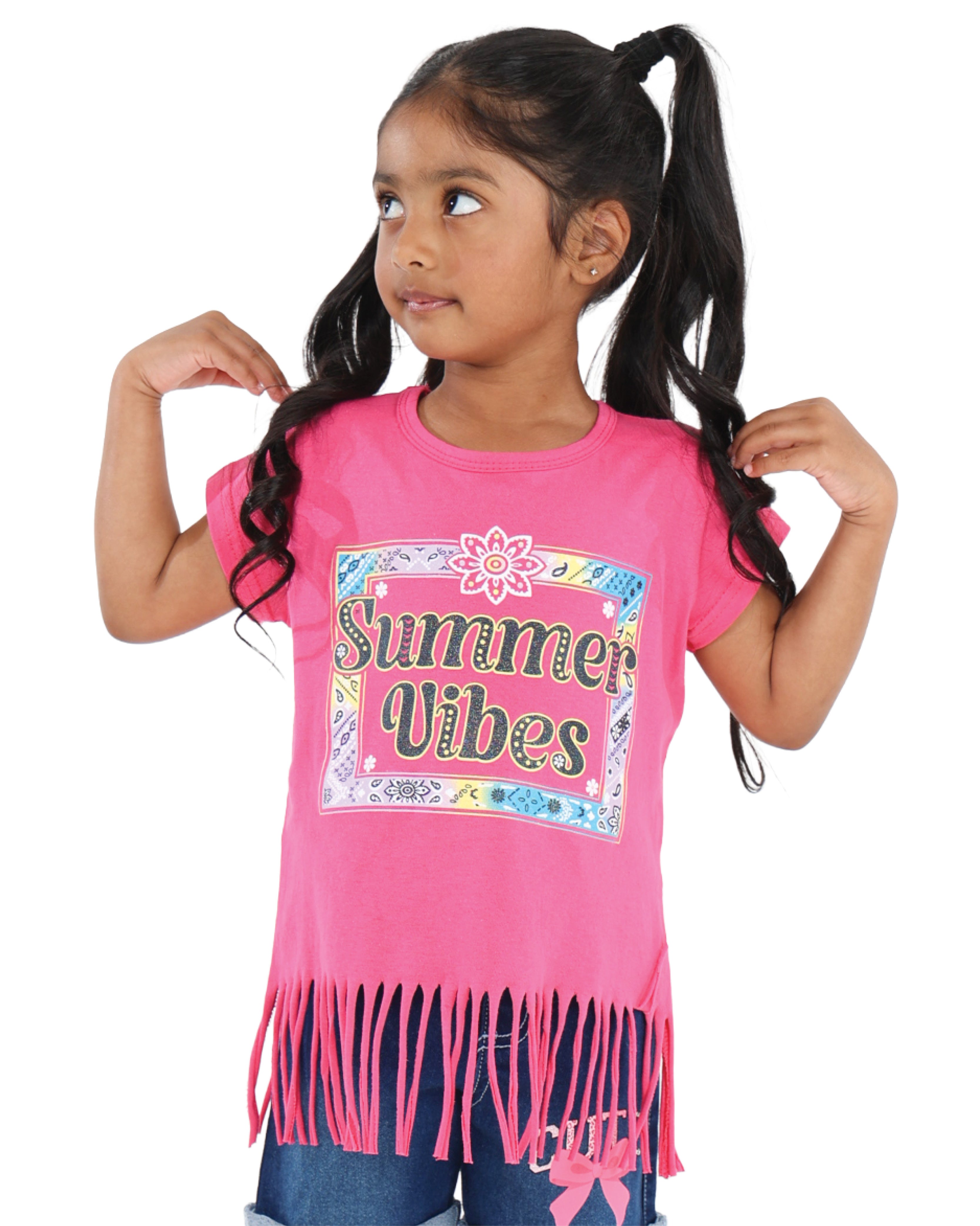 Short Sleeve "Summer Vibes" Fringe Top
