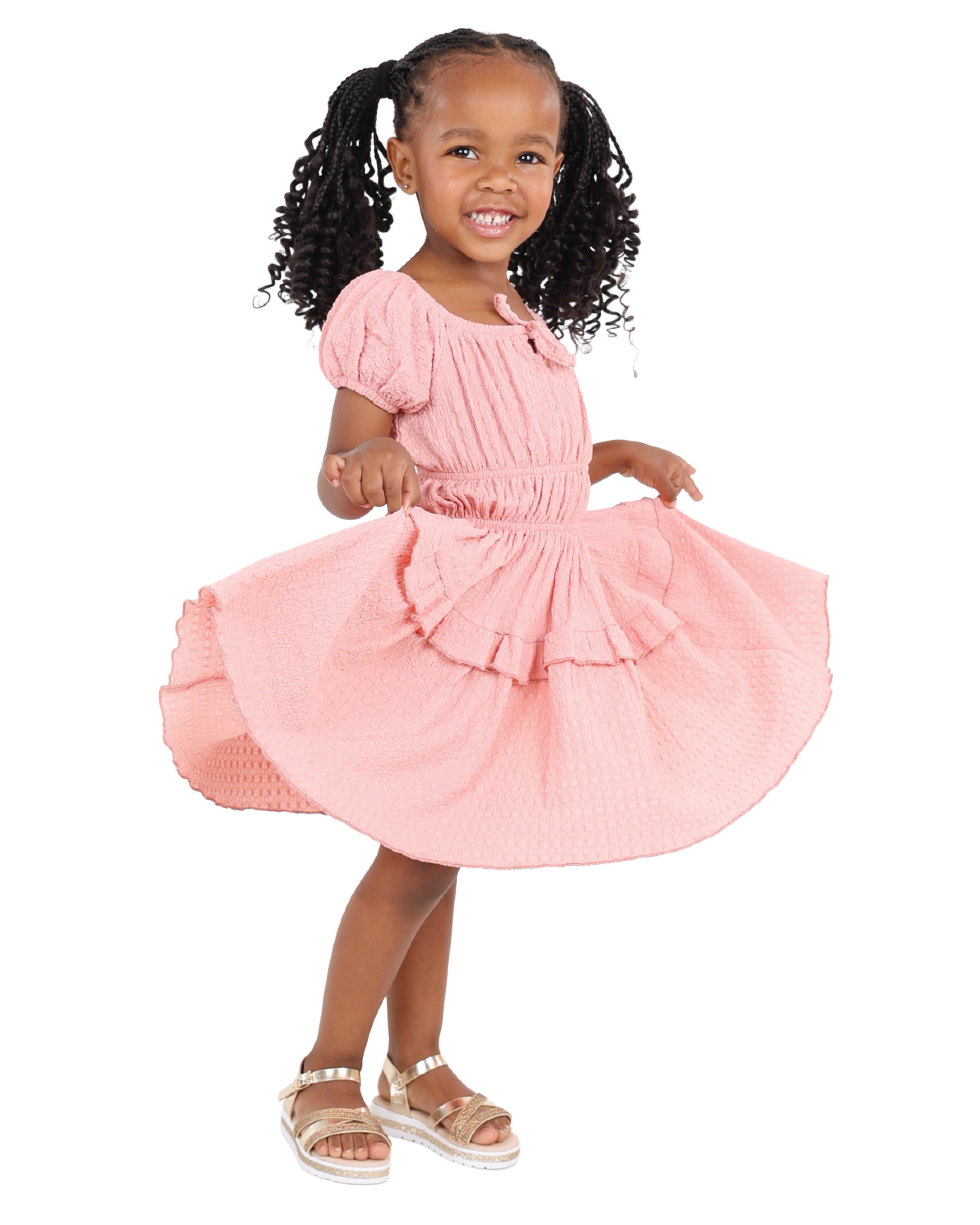 Short Puff Sleeve Textured Tiered Dress