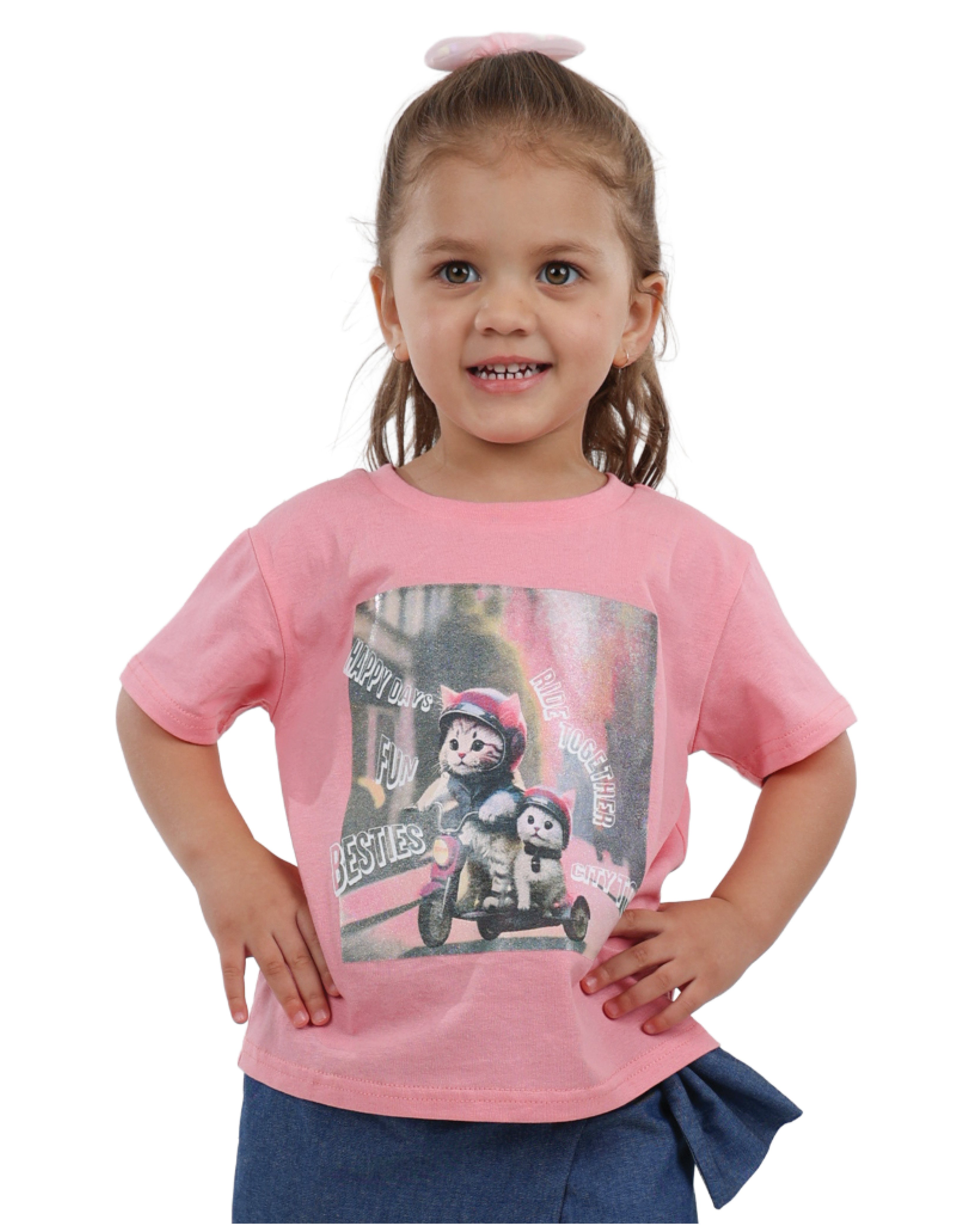 Short Sleeve "Cats On Scooter" Graphic Print T-Shirt