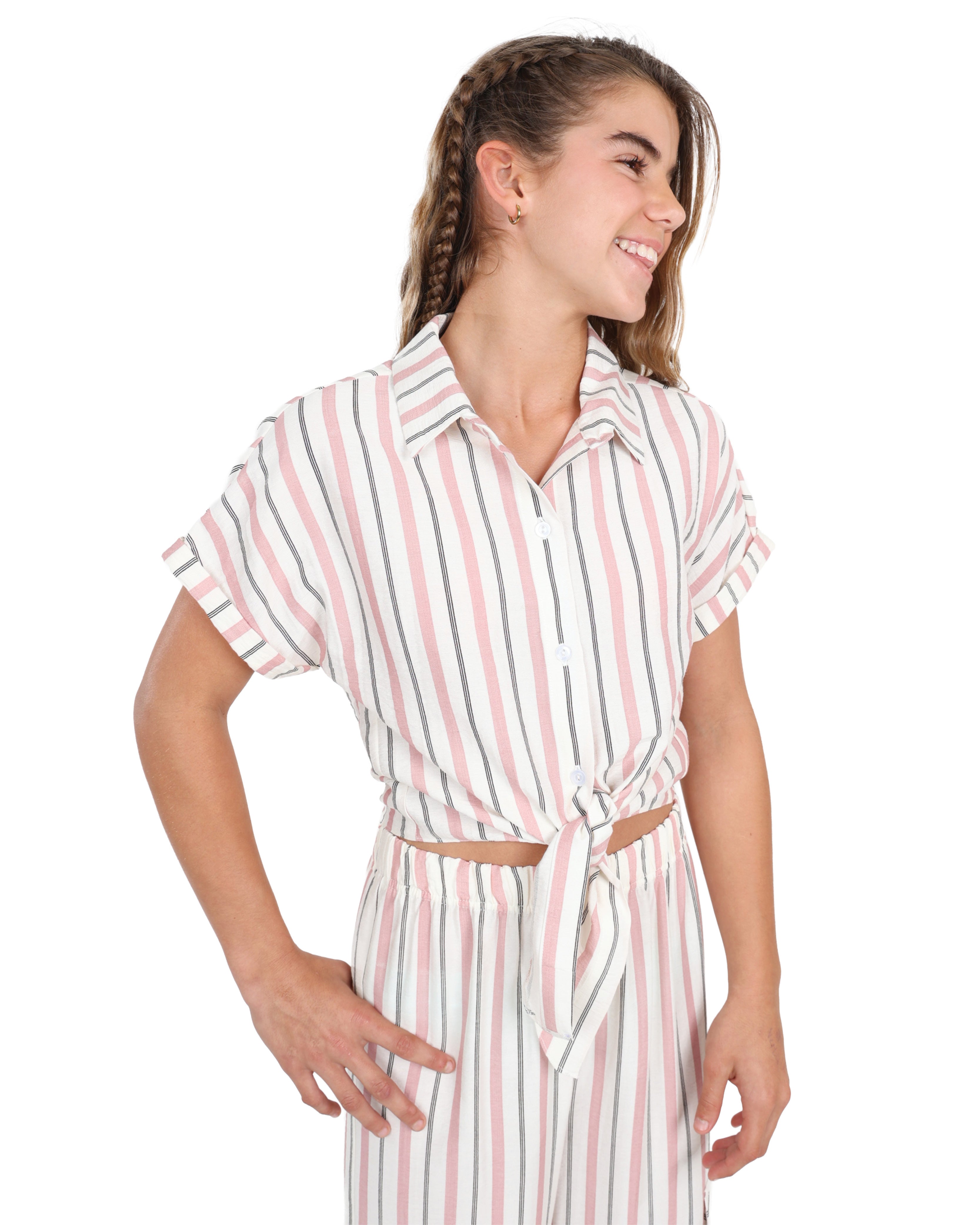Short Sleeve Tie Front Striped Shirt