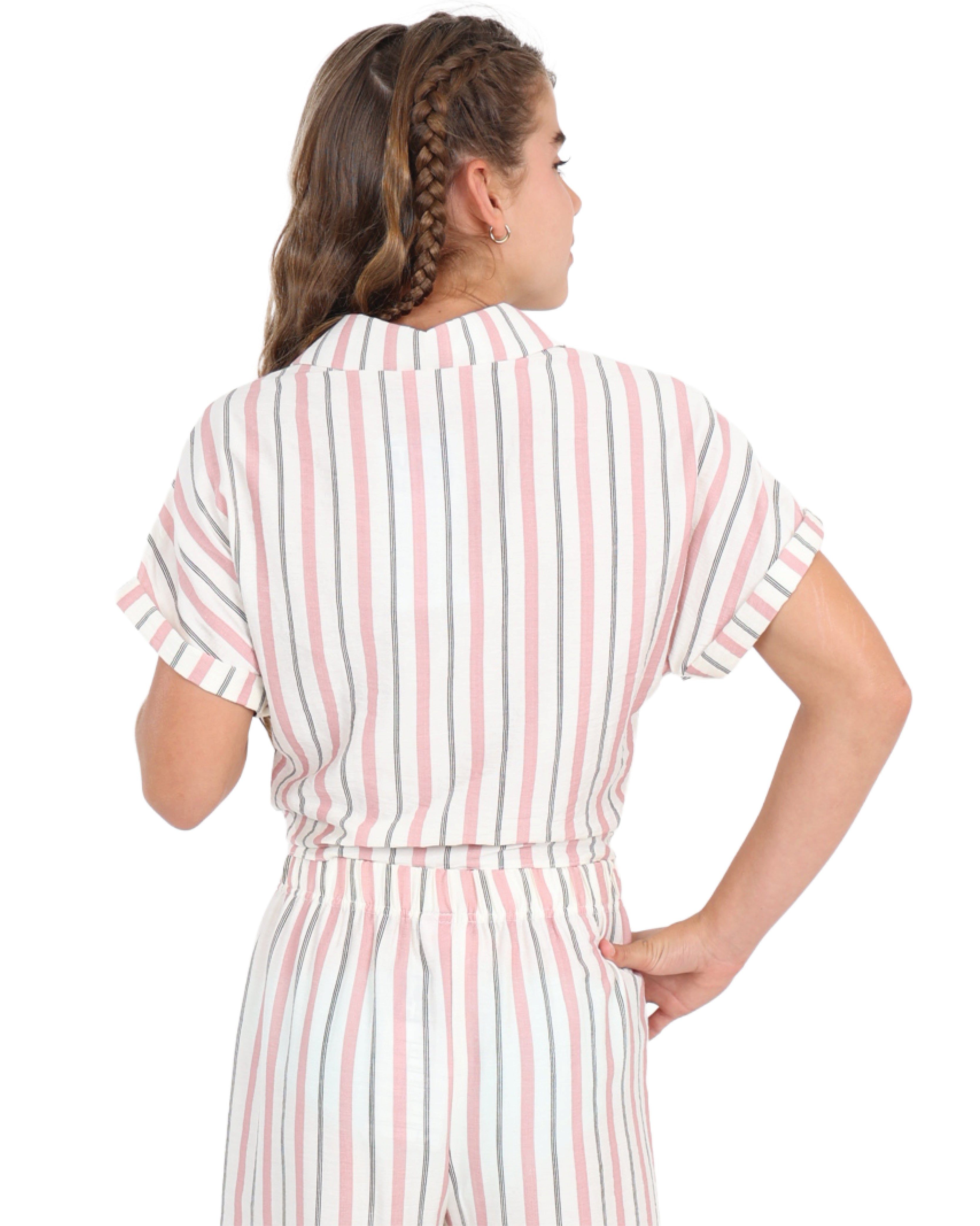 Short Sleeve Tie Front Striped Shirt