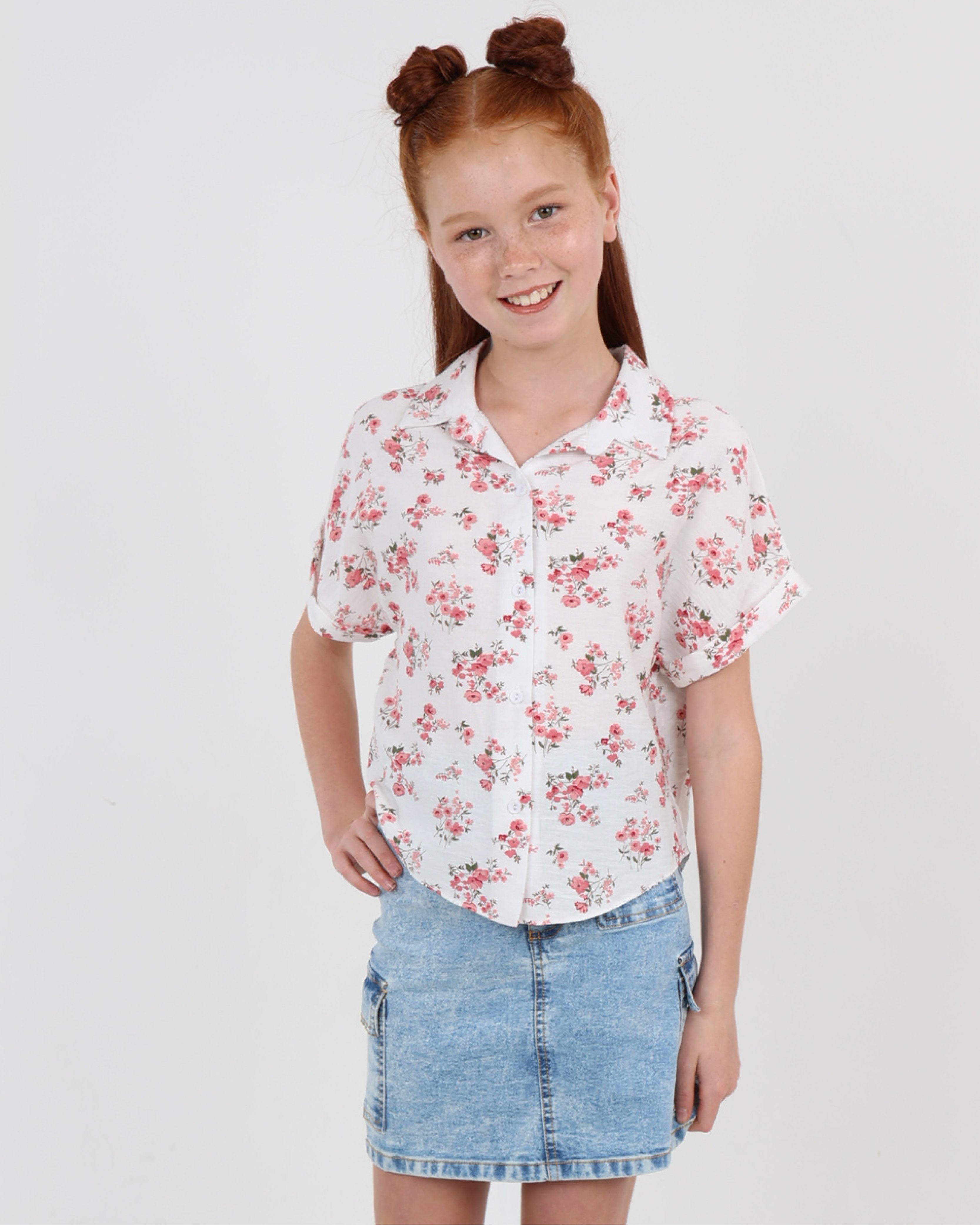 Button Up Short Sleeve Floral Print Blouse