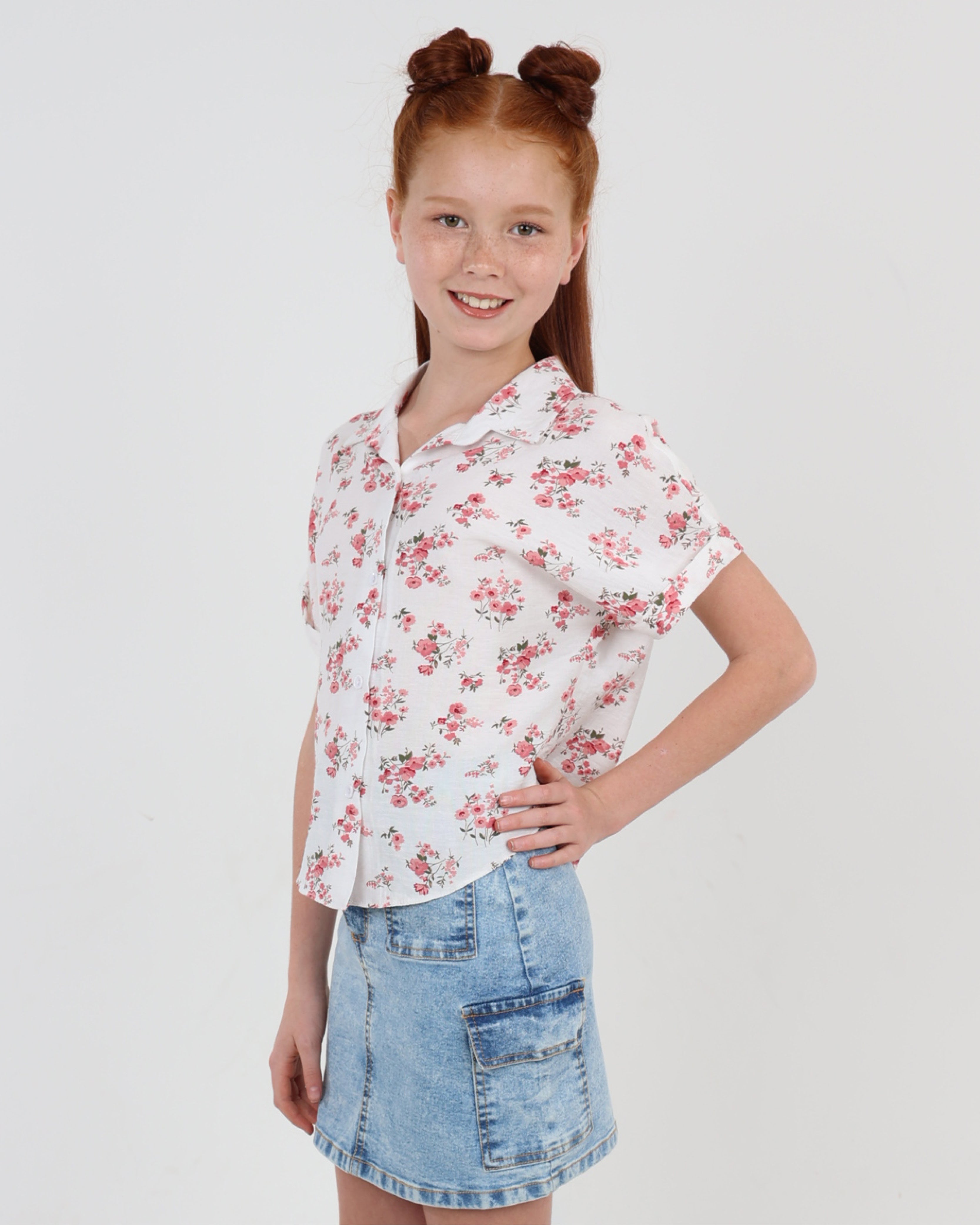 Button Up Short Sleeve Floral Print Blouse