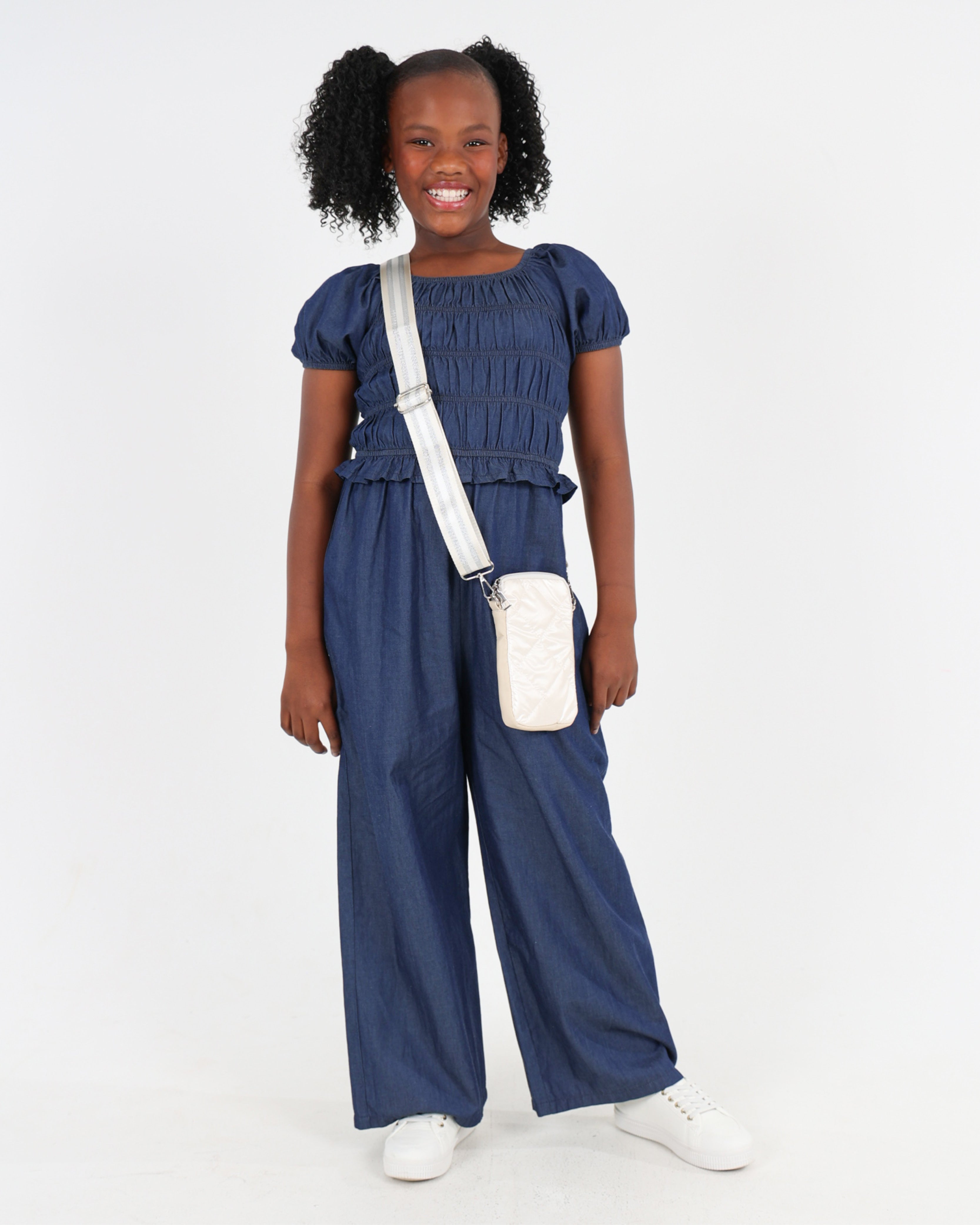 Lightweight Denim Shirred Bodice Jumpsuit