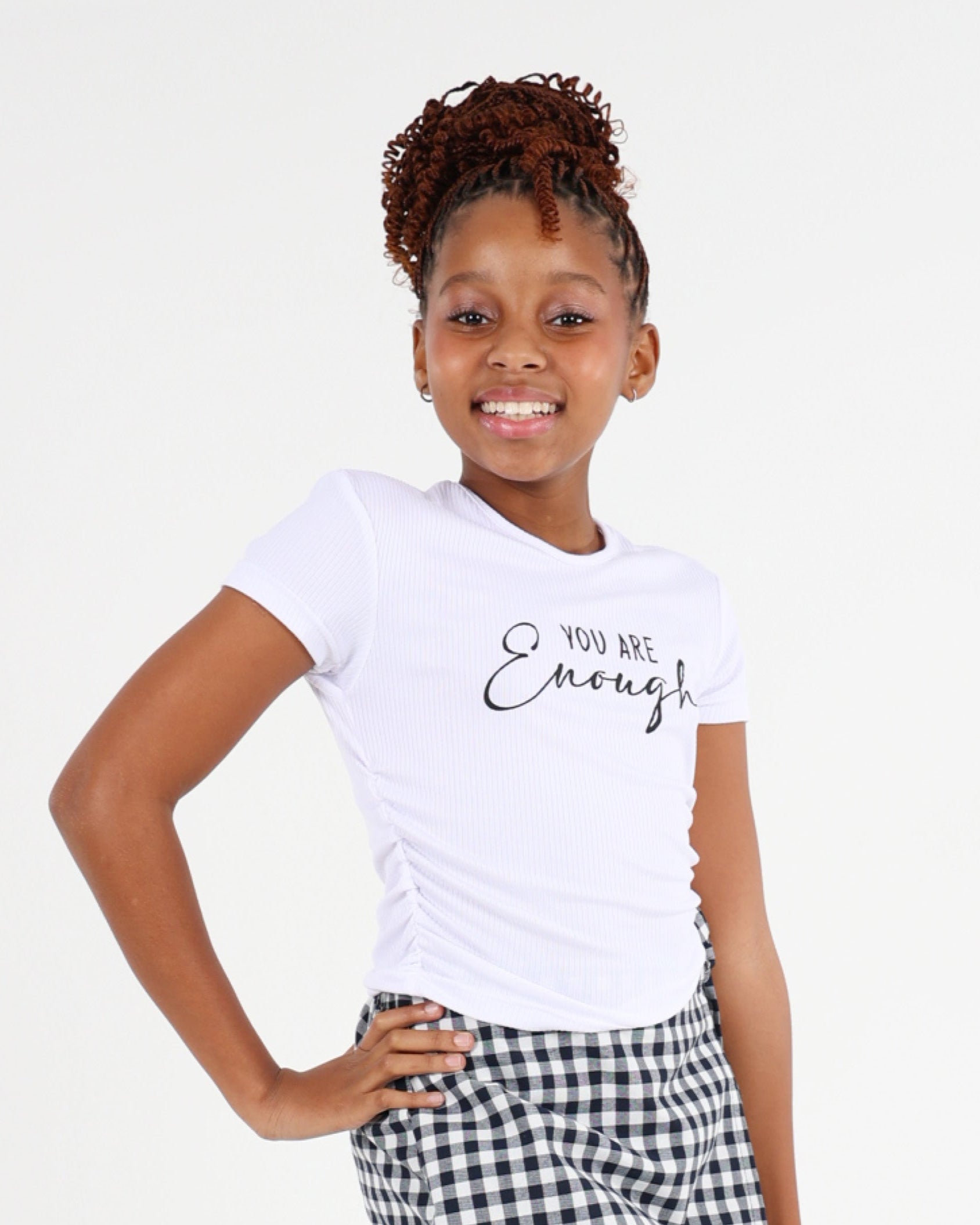 Short Sleeve Side Ruched Graphic Print Rib Top