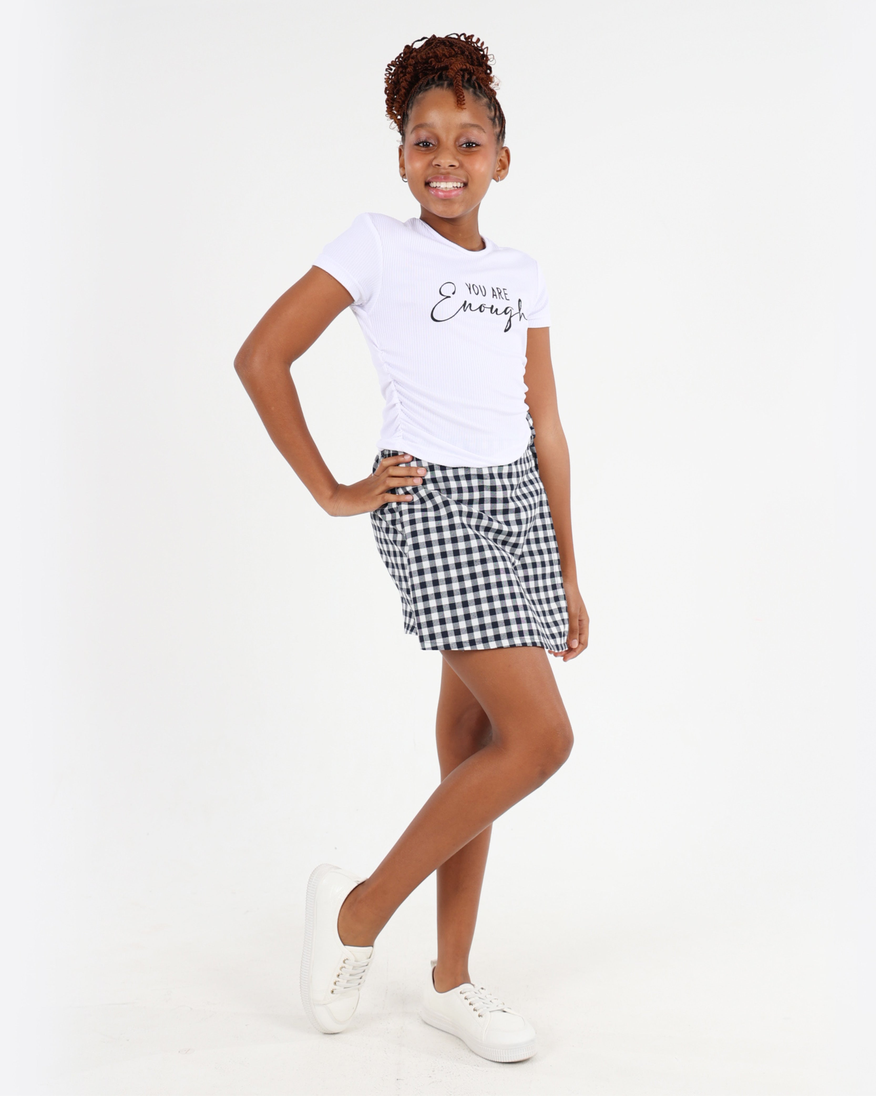 Short Sleeve Side Ruched Graphic Print Rib Top