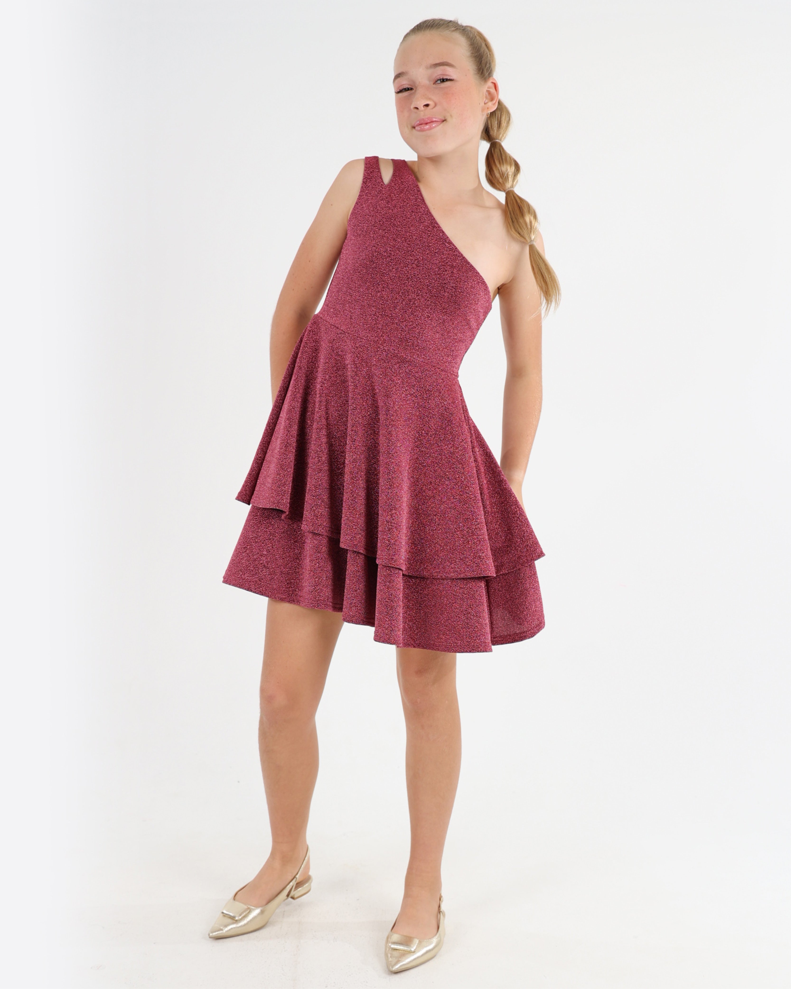 One Shoulder Shimmer Cerise Dress