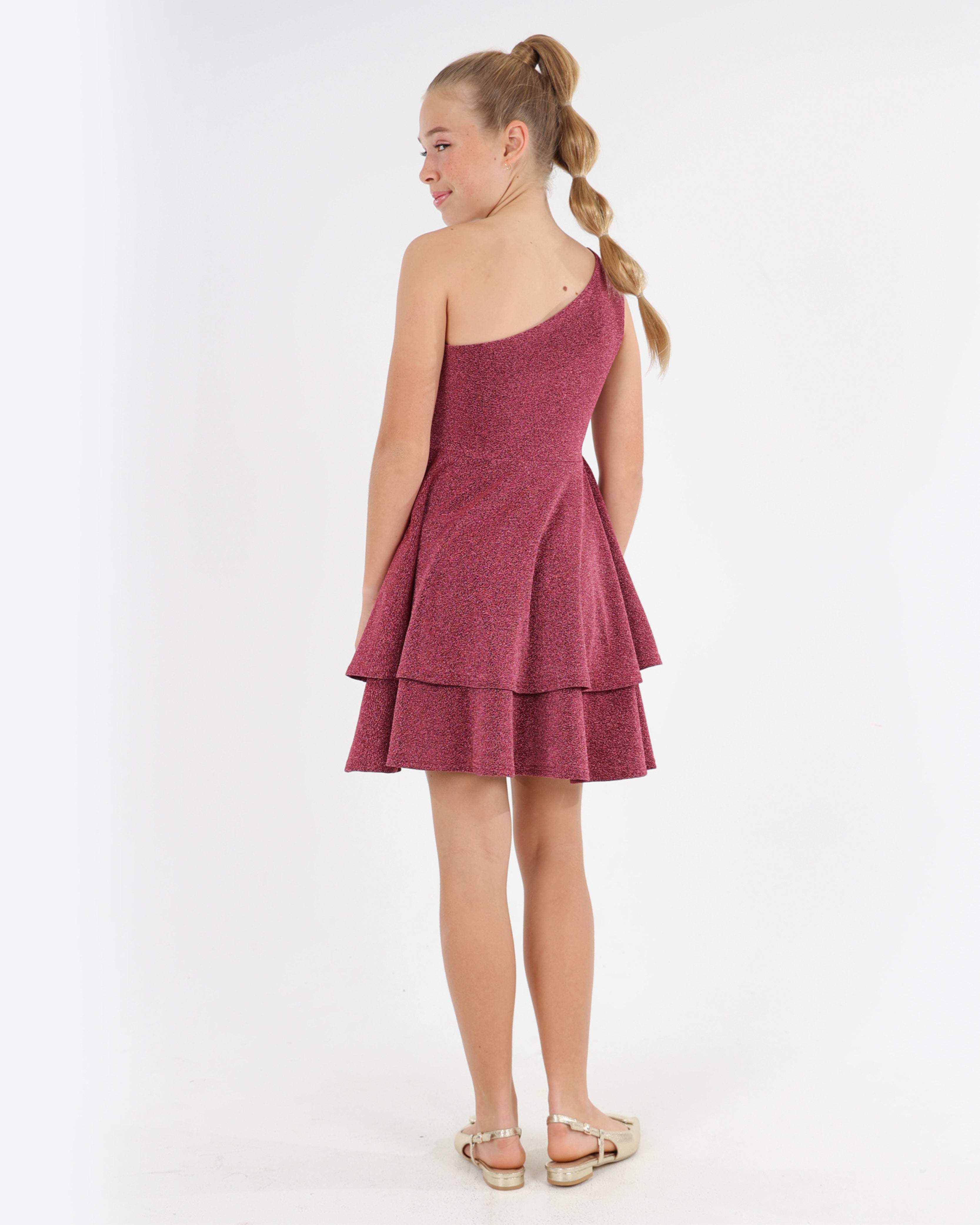 One Shoulder Shimmer Cerise Dress