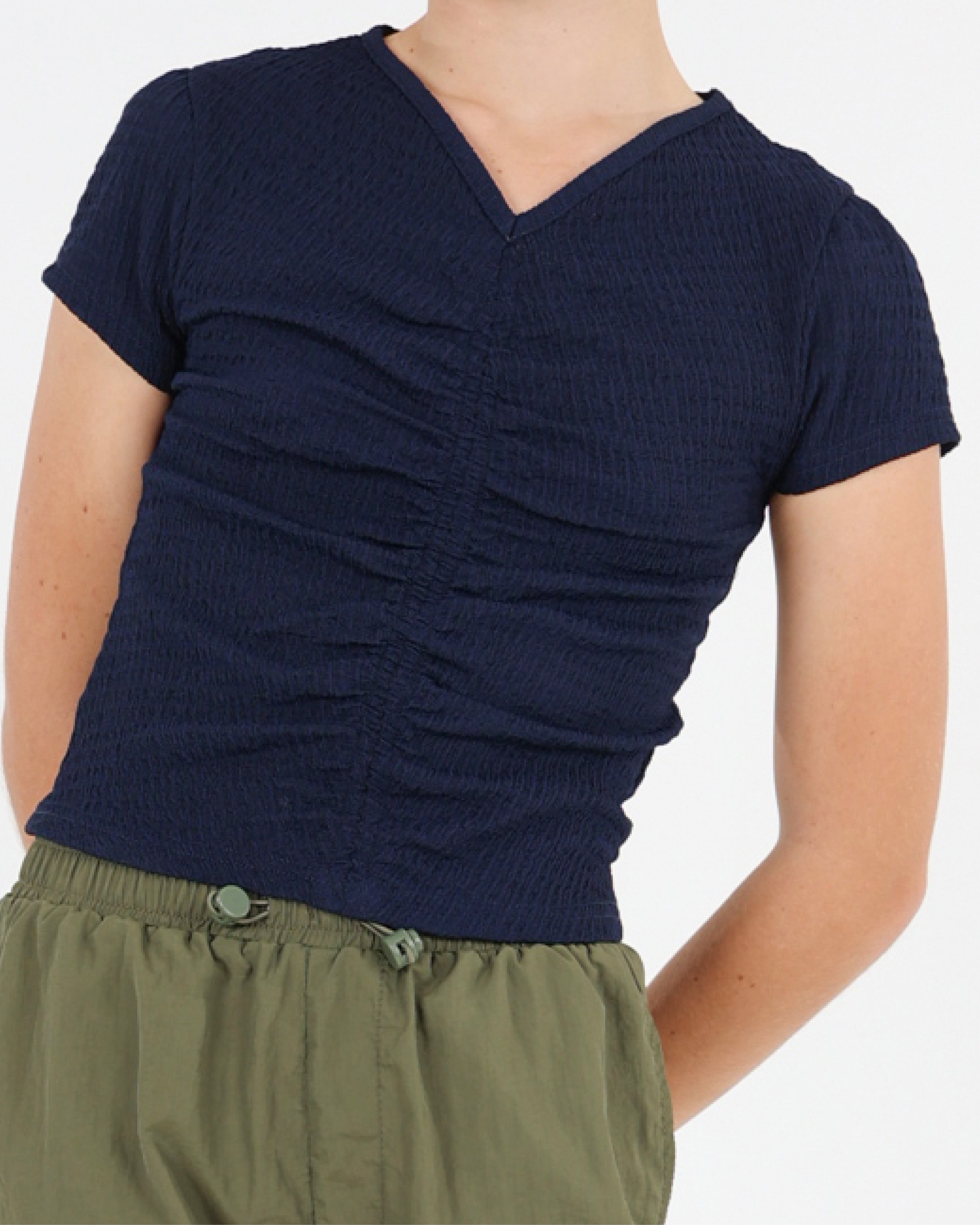Short Sleeve Textures & Ruched Navy Top