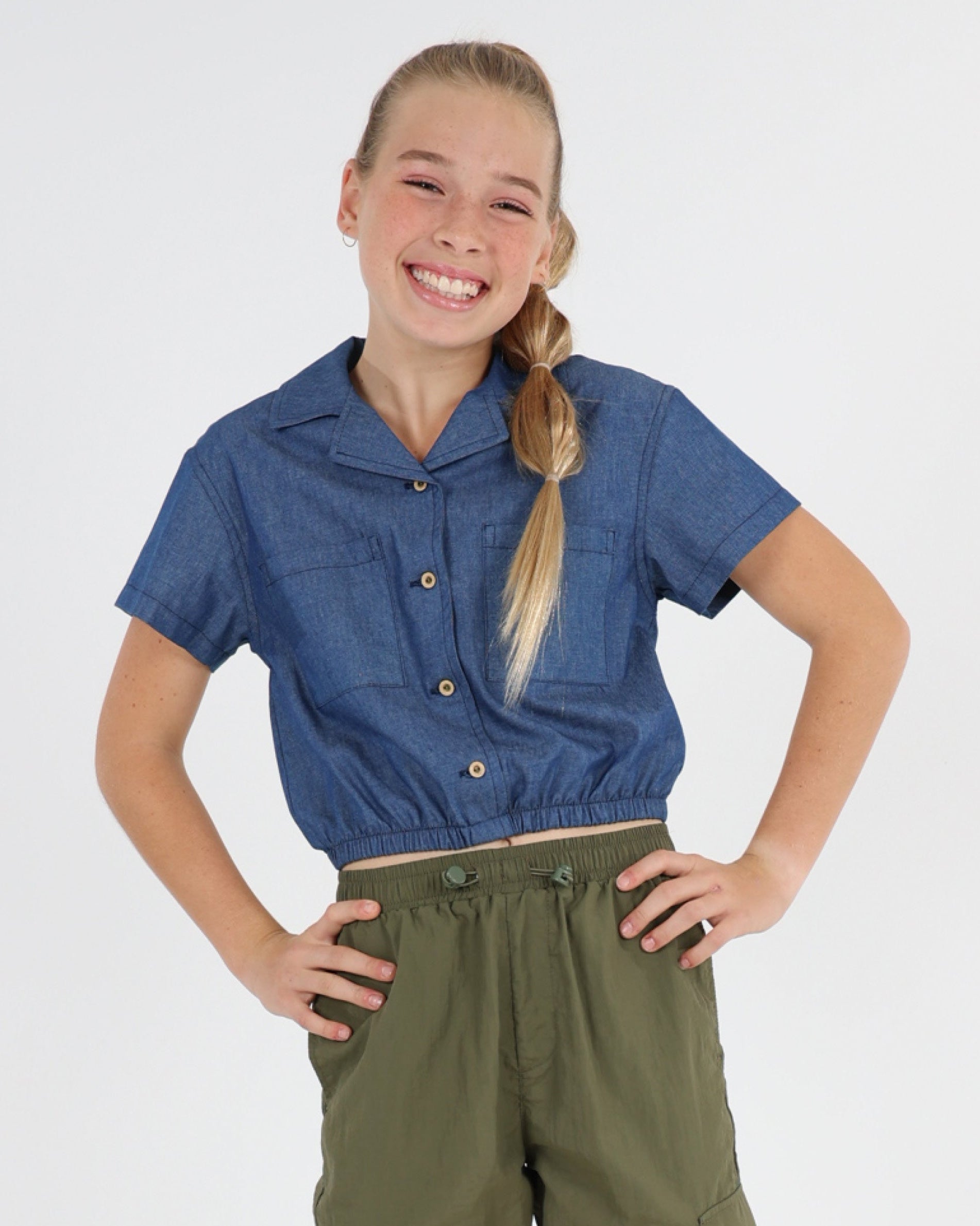 Short Sleeve Denim Double Pocket Cropped Shirt
