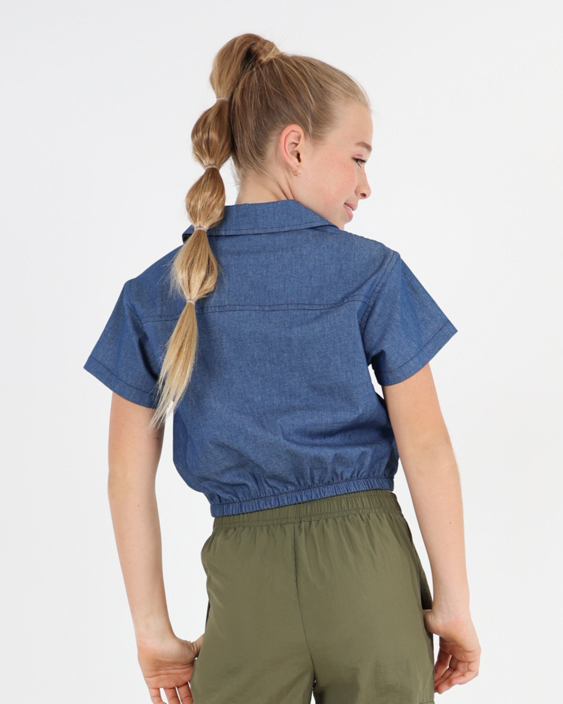 Short Sleeve Denim Double Pocket Cropped Shirt