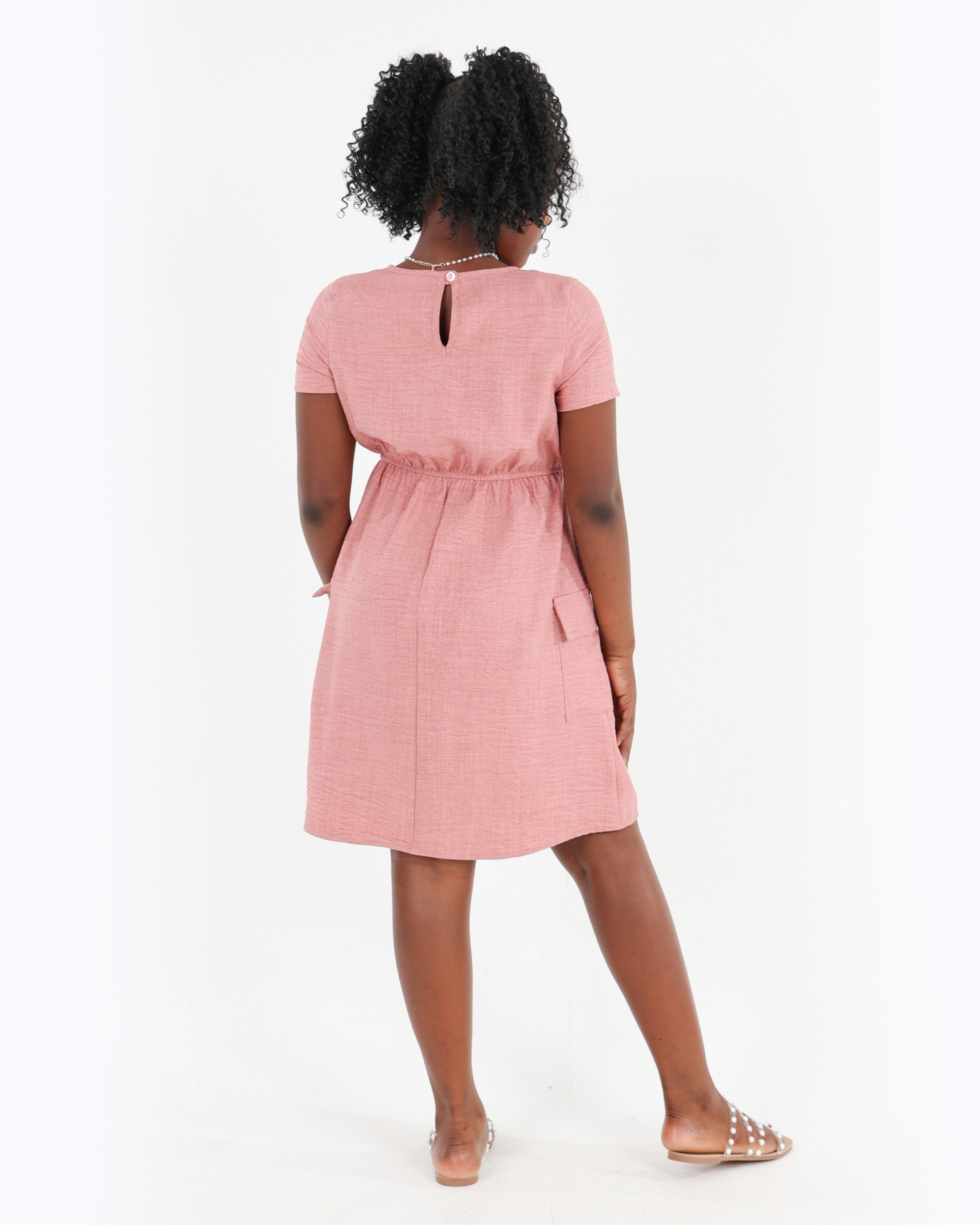 Short Sleeve Cargo Pocked Knee Length Dress