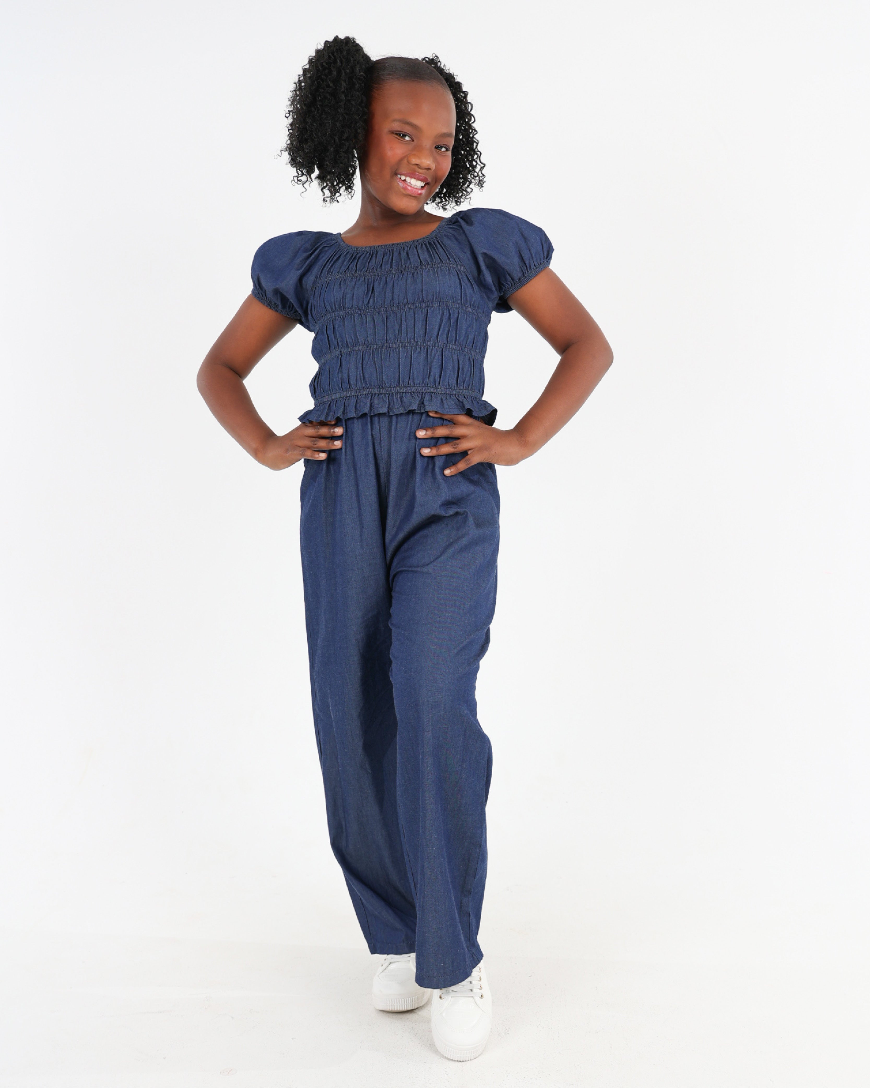 Lightweight Denim Shirred Bodice Jumpsuit