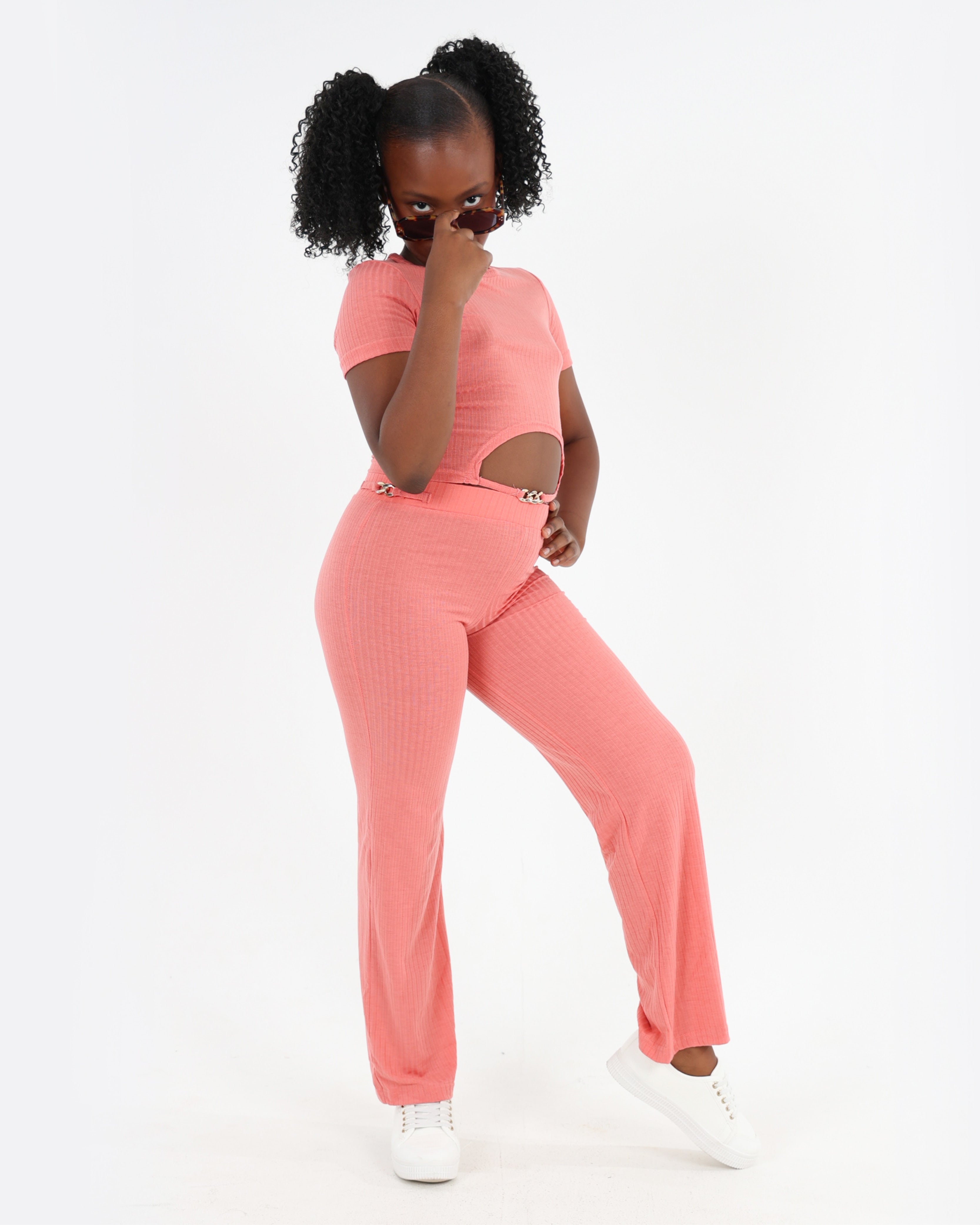 Wide Leg Ribbed Legging With Chain Trim
