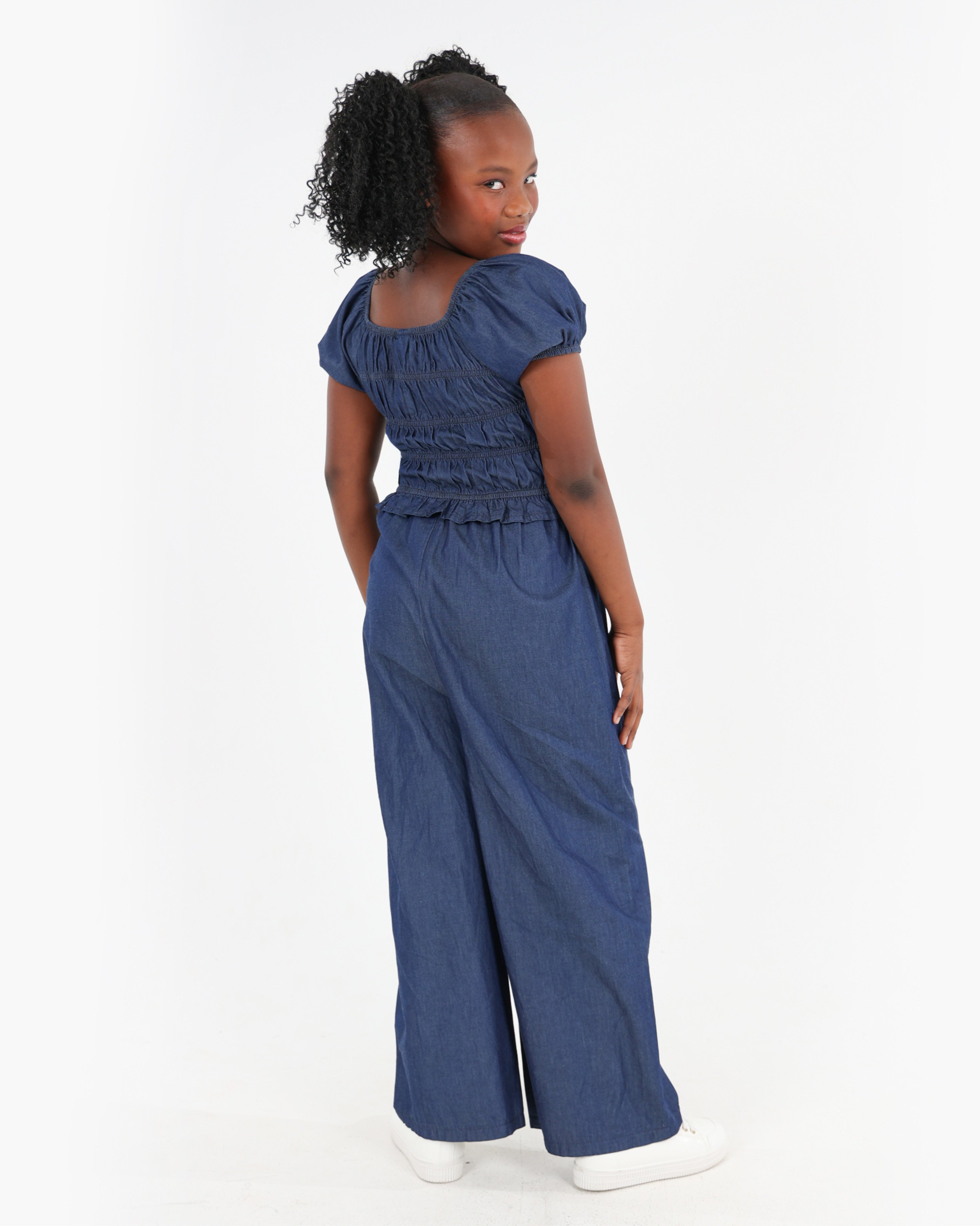 Lightweight Denim Shirred Bodice Jumpsuit