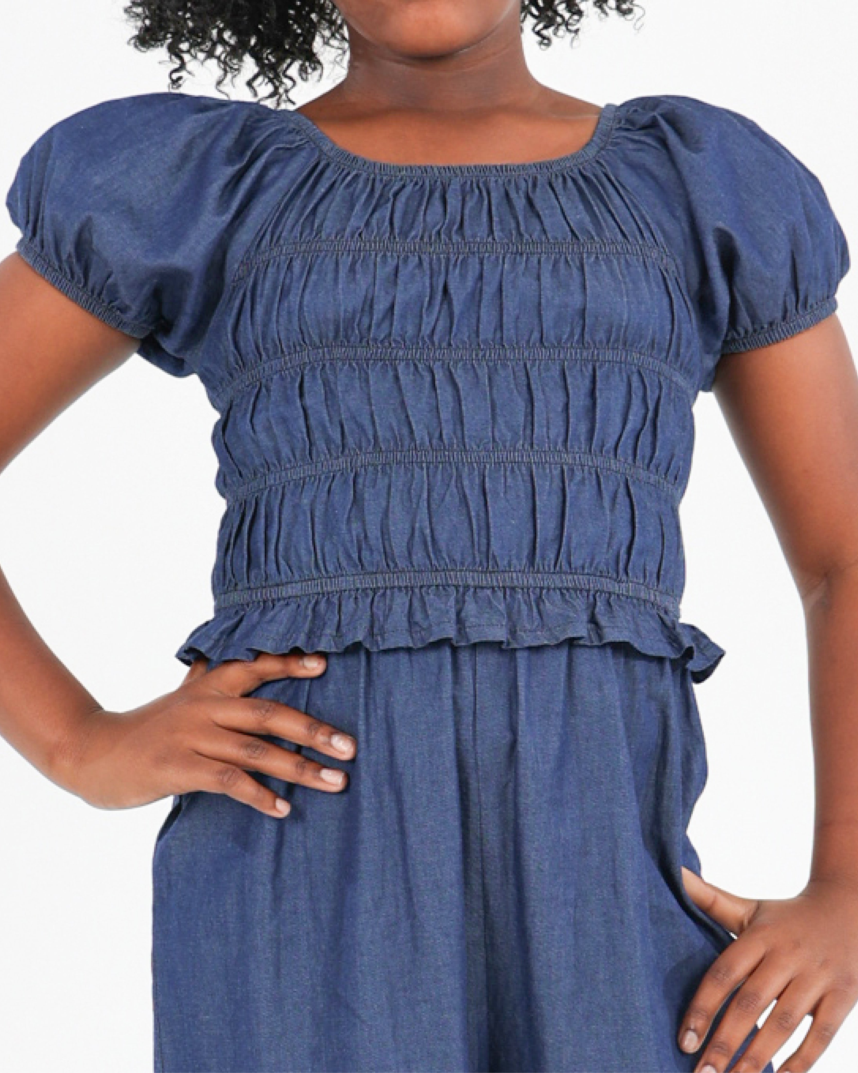 Lightweight Denim Shirred Bodice Jumpsuit