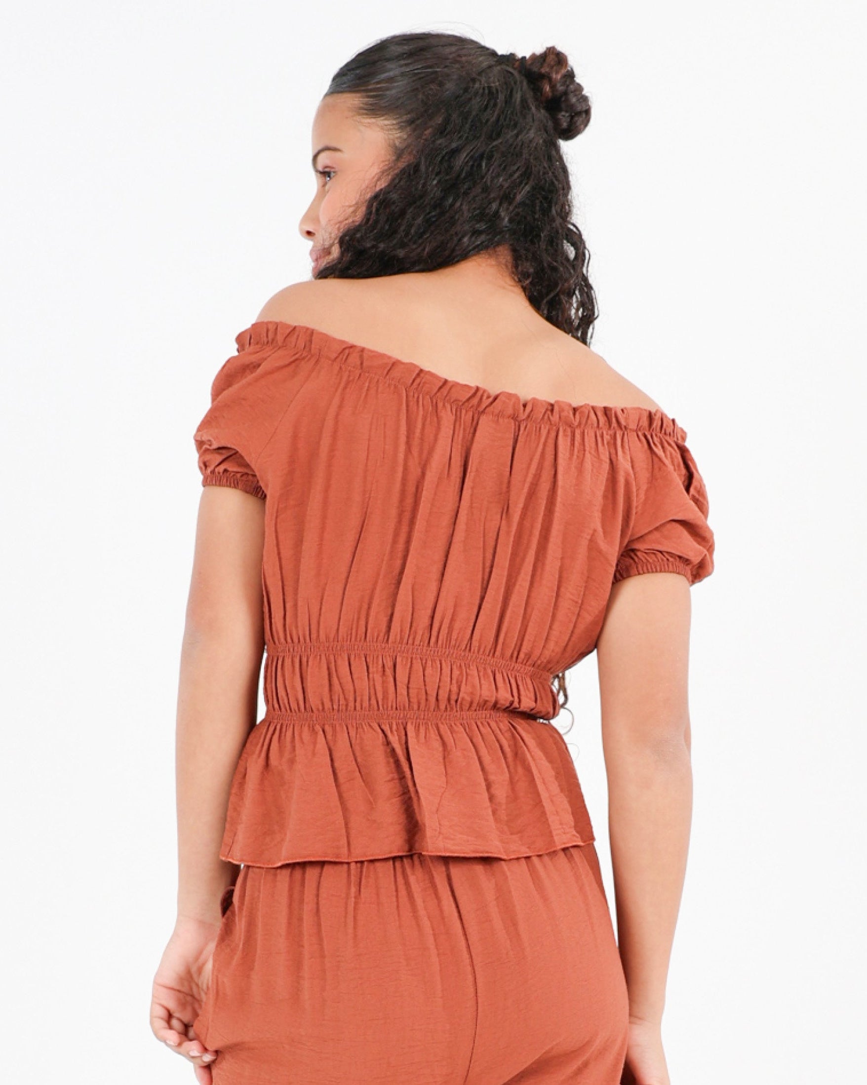 Short Puff Sleeve Ruched Bodice Blouse