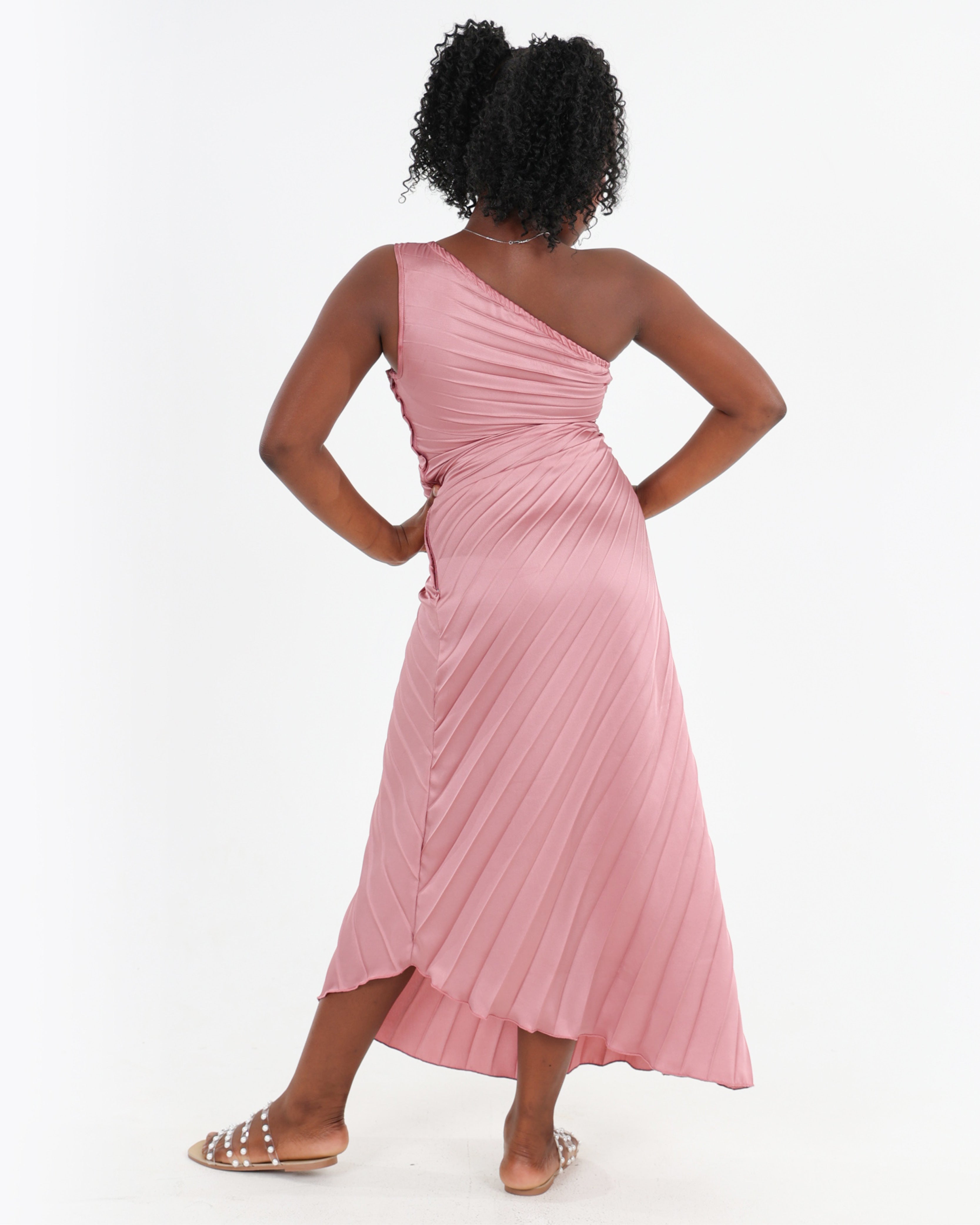 One Shoulder Pleated Satin Maxi Party Dress