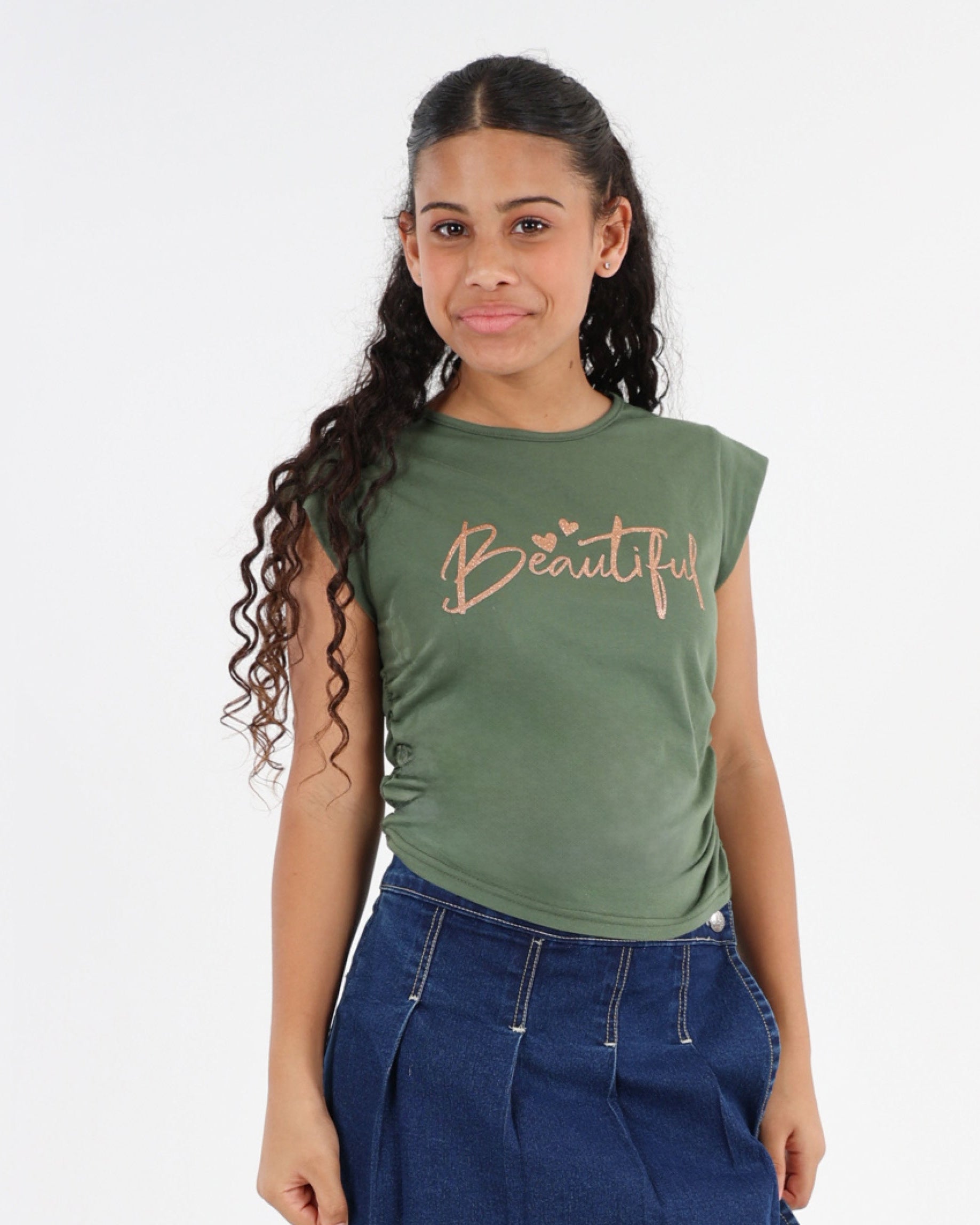 Cap Sleeve Graphic Print Top With Side Ruching