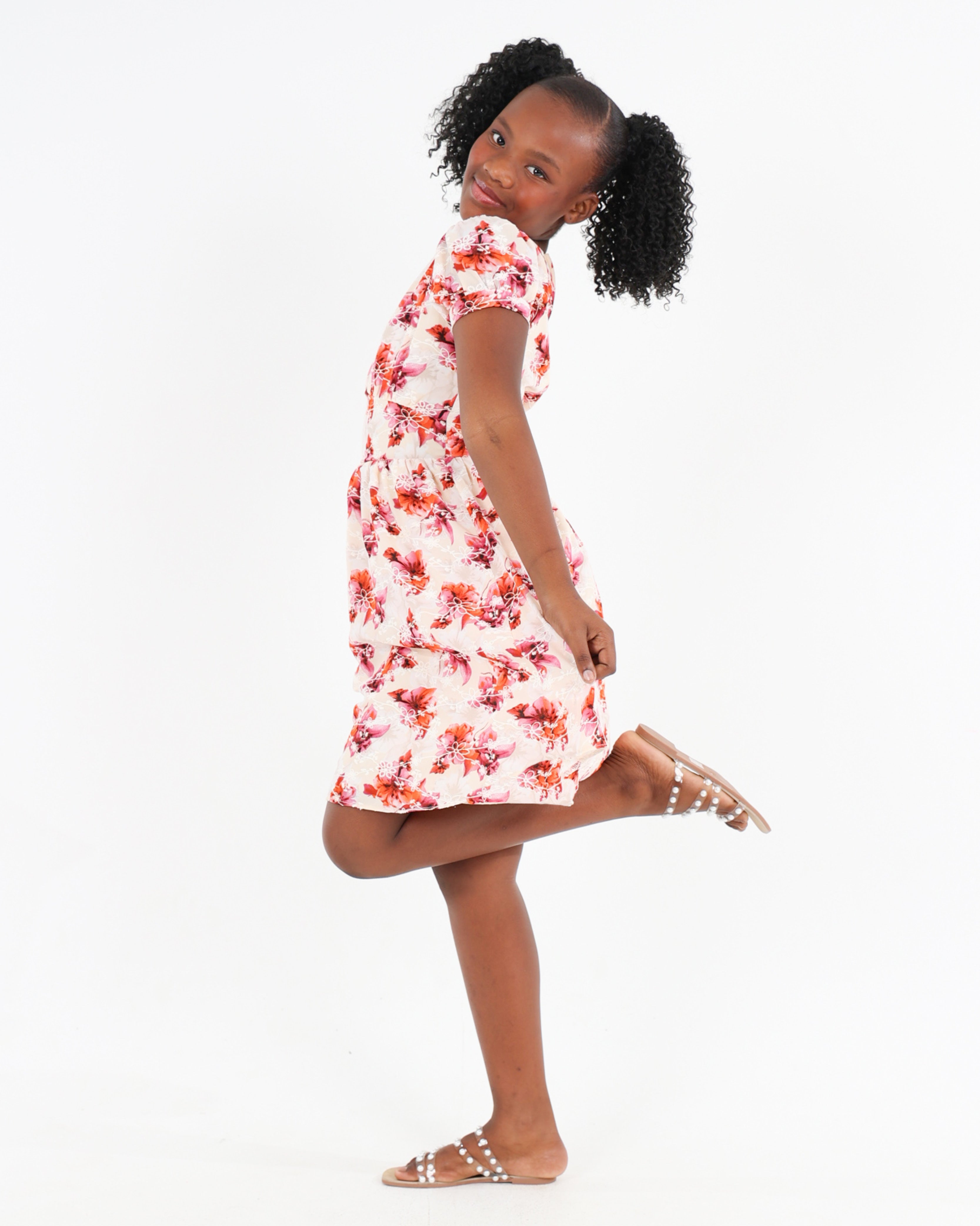 Short Sleeve Puff Print Knee Length Dress