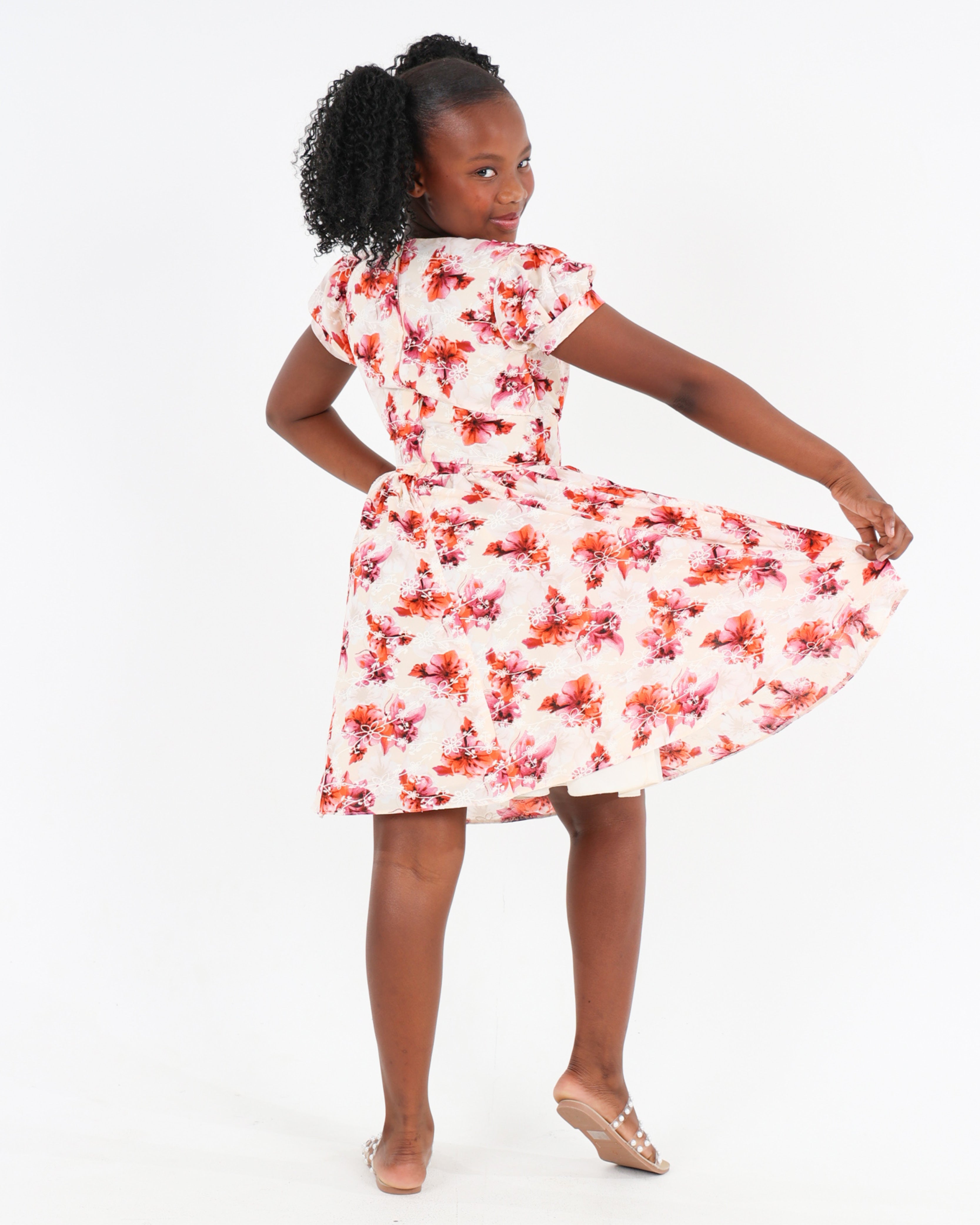 Short Sleeve Puff Print Knee Length Dress