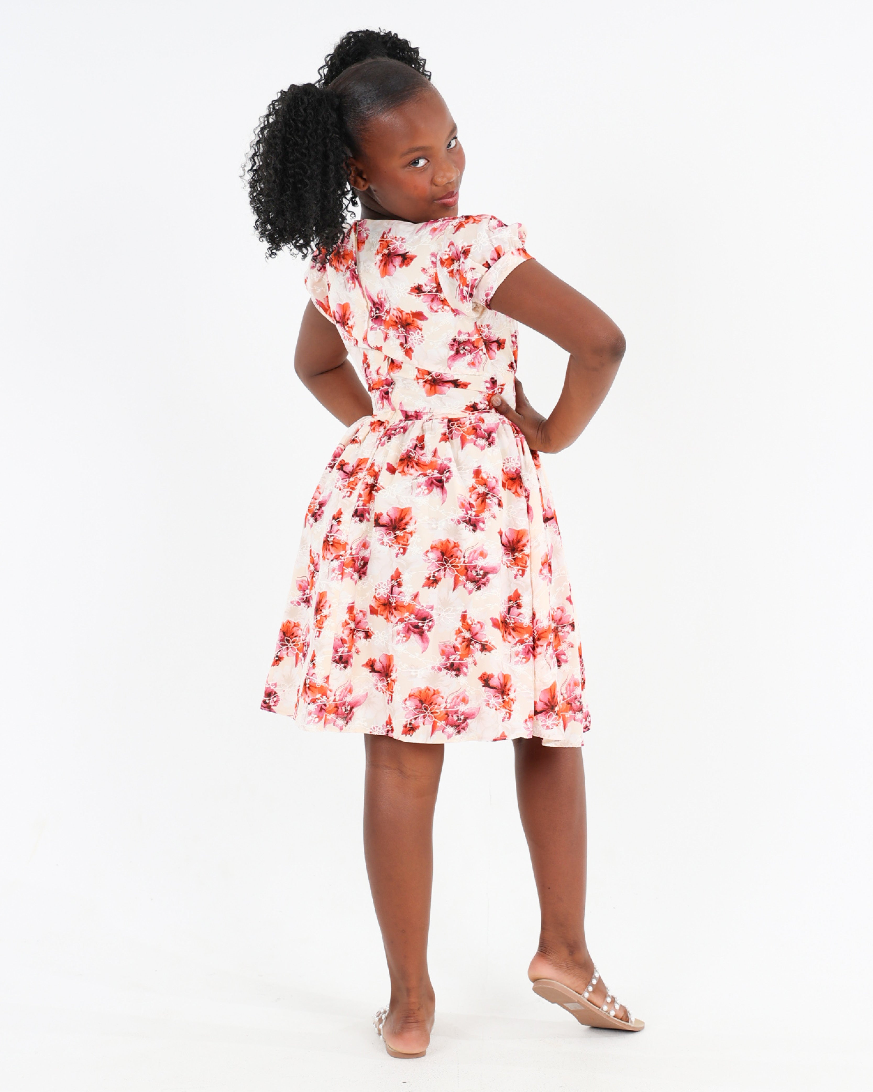 Short Sleeve Puff Print Knee Length Dress