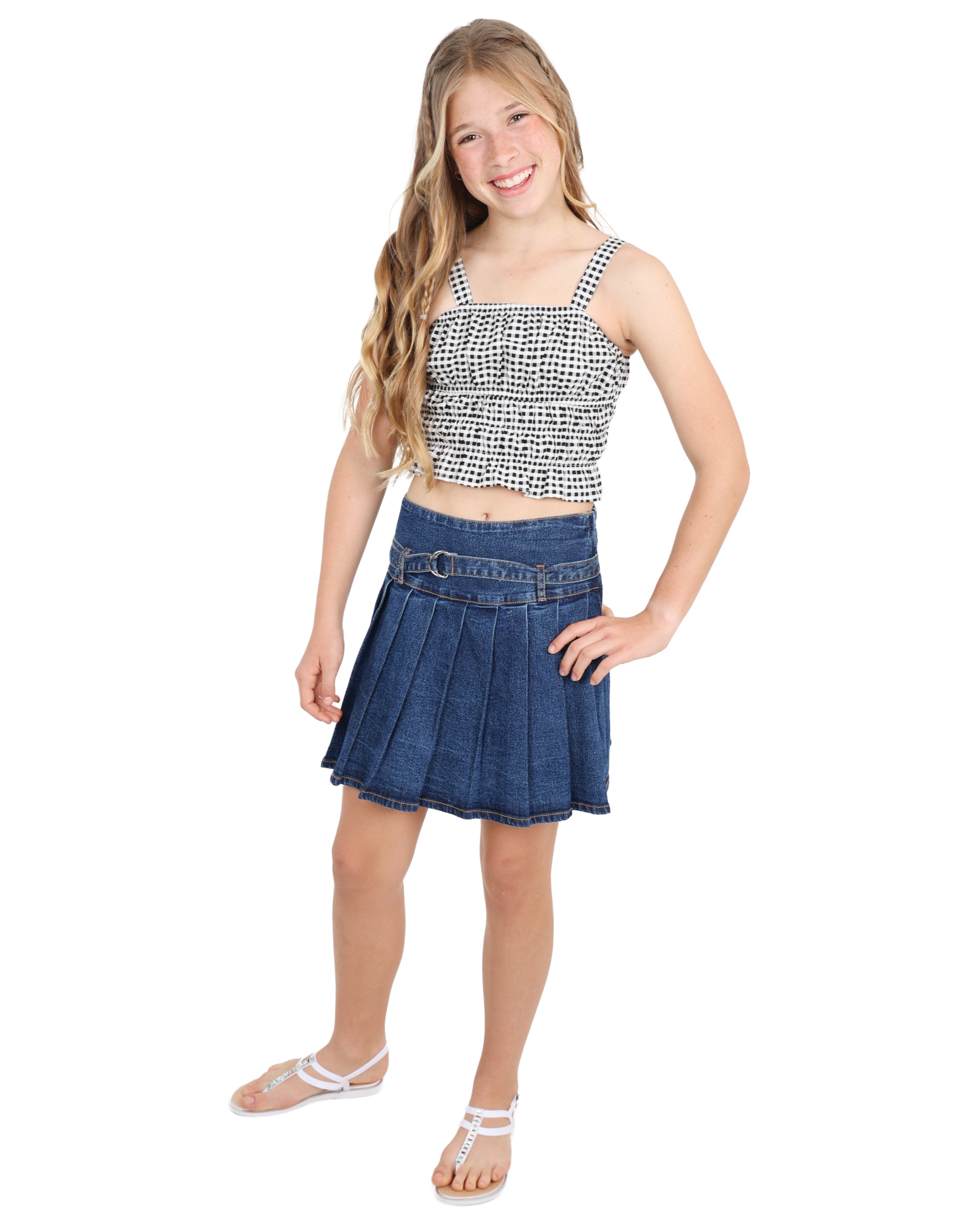 Snow Wash Denim Pleated Skirt