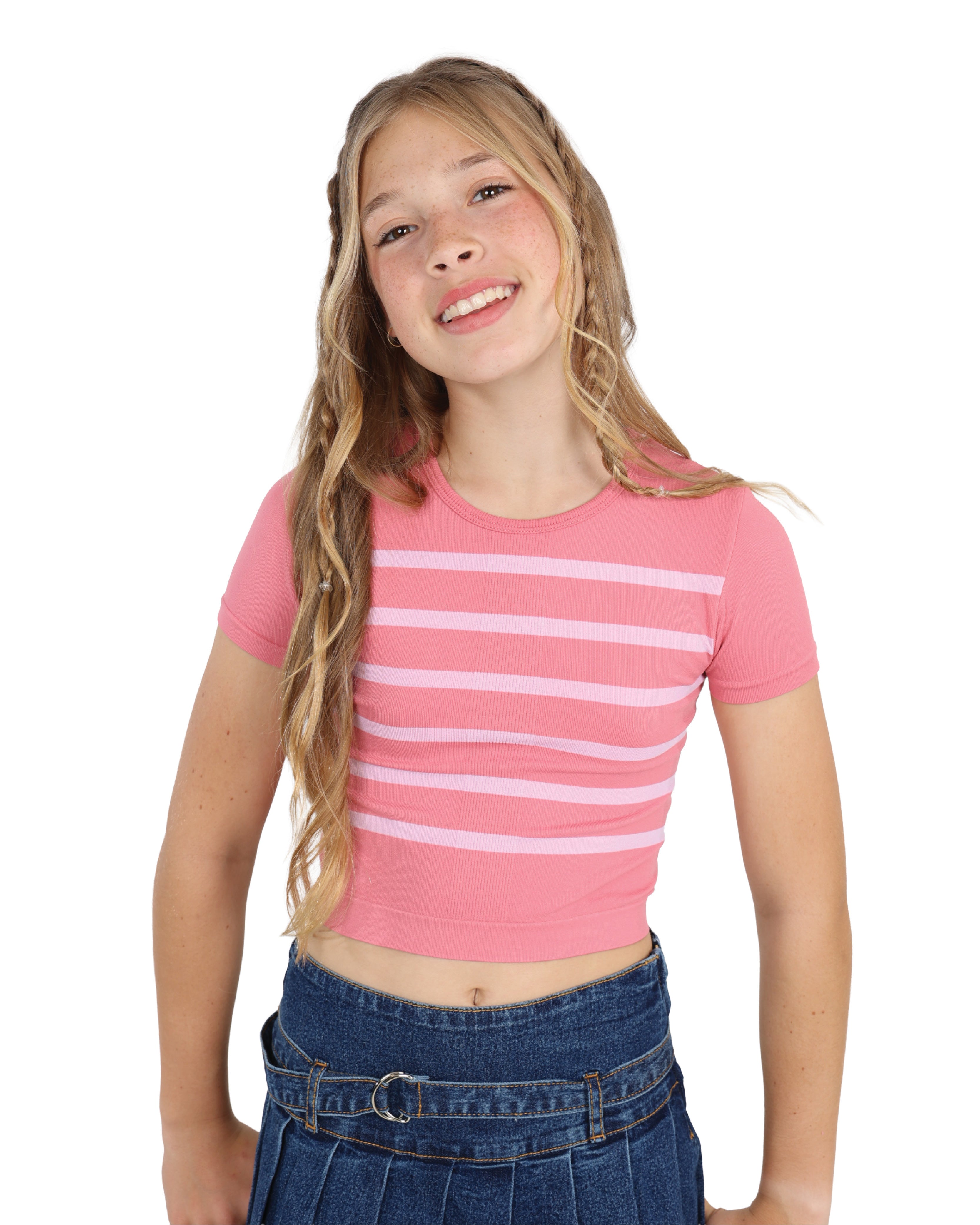 Pink Stripe Short Sleeve Seamless Crop Top
